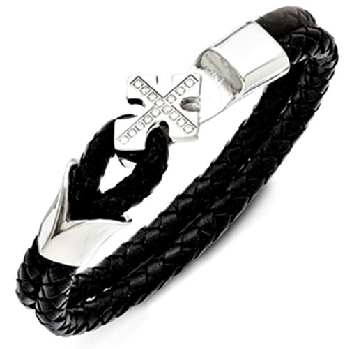 Men's Black Leather & Stainless Steel Cross Bracelet with CZ Stones - 7