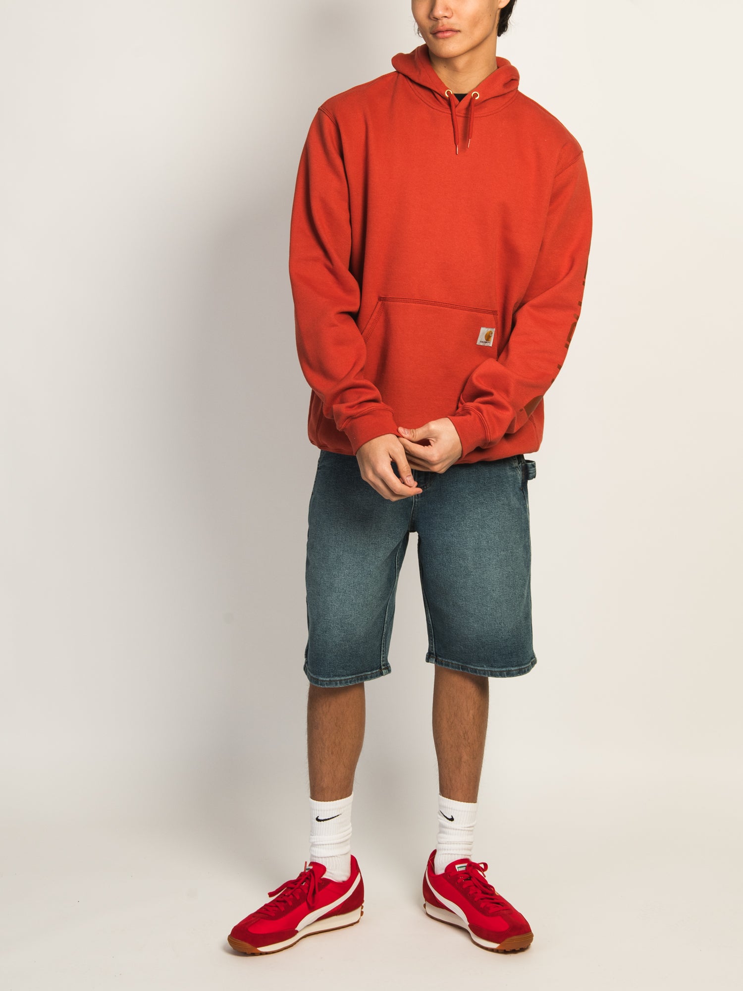 Carhartt Logo Sleeve Graphic Pullover Hoodie - Saddle Red | Men's Workwear & Casual Streetwear for Outdoor Activities & Everyday Comfort