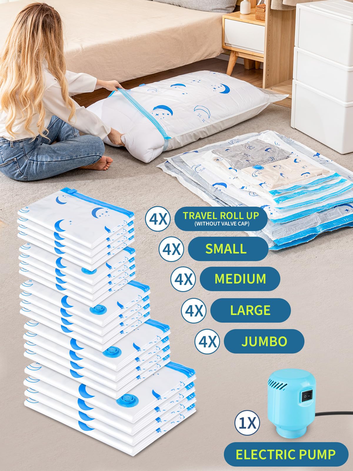 Vacuum Storage Bags with Electric Air Pump - 20 Pack (4 Jumbo, 4 Large, 4 Medium, 4 Small, 4 Roll Up Bags) | Space Saving Storage Solution for Clothes, Bedding, Travel | Perfect for Seasonal Storage, Moving & Home Organization