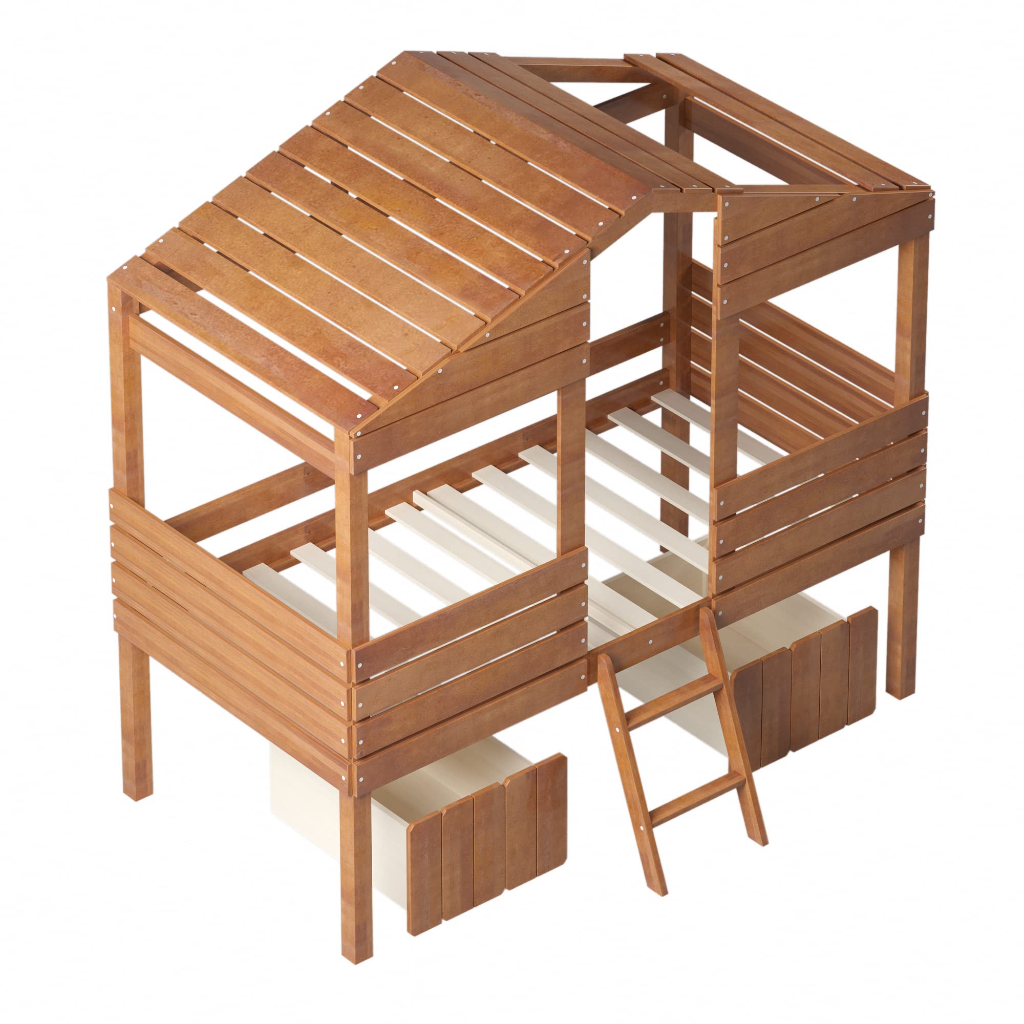 Twin Size Wooden Loft Bed with 2 Drawers & Playhouse Design - Sturdy Low Loft Bed Frame with Roof and Windows in Walnut Finish | Perfect for Kids' Bedroom, Playroom, or Small Space Saving Solution