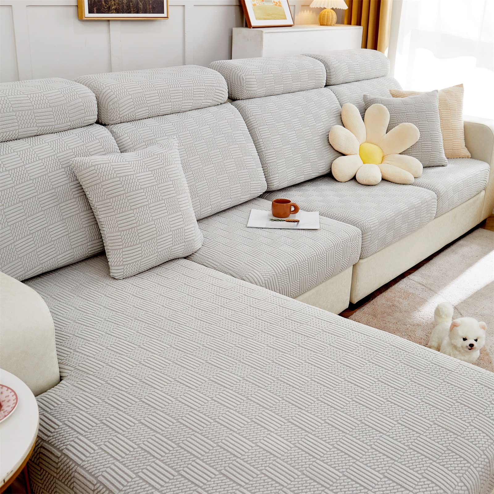 Elastic L-Shaped Sectional Sofa Slipcover with Chaise Lounge Cover - Couch Cushion Protector for Living Room Furniture (62-74 Inch Length, 35-43 Inch Width, Grey & White) - Perfect for Pet Owners & Family Gatherings