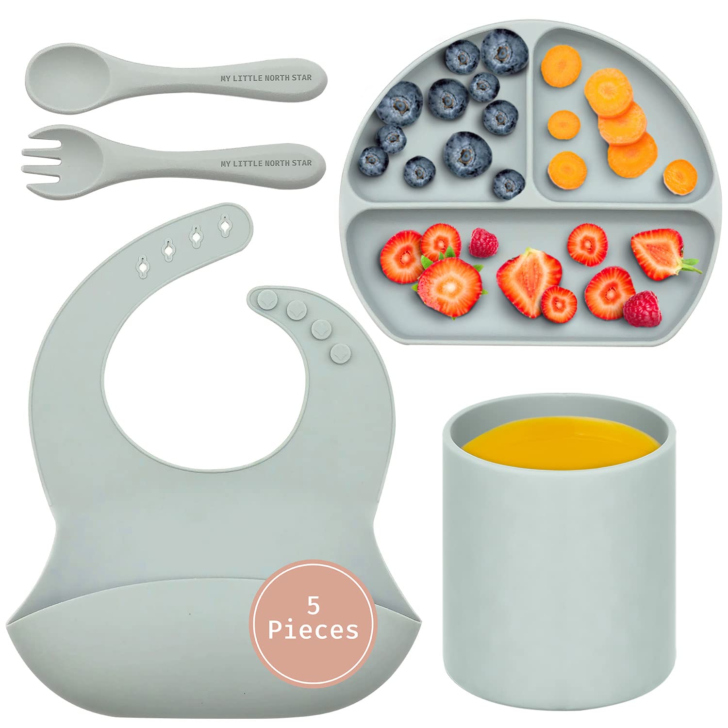 Baby Silicone Feeding Set (5-Piece) - Soft Food-Grade Silicone Bib, Suction Divided Plate & Self-Feeding Spoon/Fork - Toddler Weaning Utensils for 6+ Months - Perfect for Mess-Free Meals, Travel & Early Self-Feeding Training