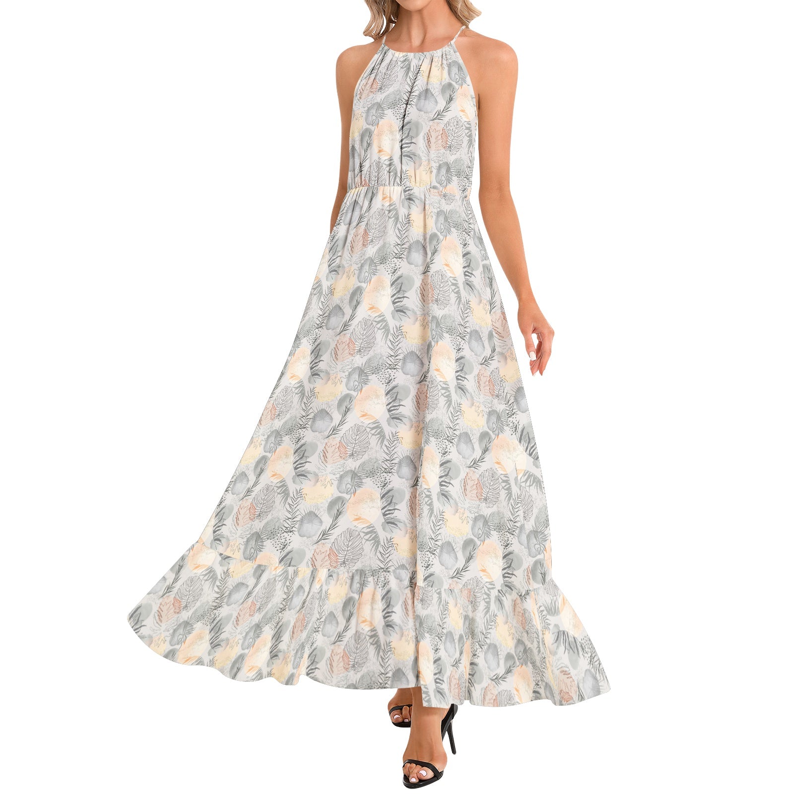 Tropical Washed Out Ruffle Hem Halter Neck Maxi Dress - Flowy Summer Beach Dress for Women, Perfect for Vacations, Parties & Boho Outfits
