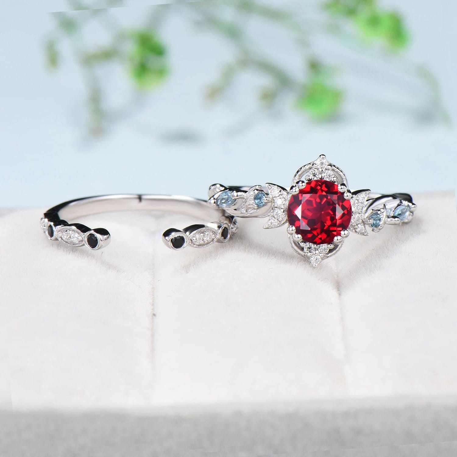 Unique Crescent Moon Ruby Engagement Ring Set with Swiss Topaz & Black Spinel - Nature Inspired Open Gap Wedding Band for Women | Perfect for Bridal Stacking, Proposal & Anniversary Gifts