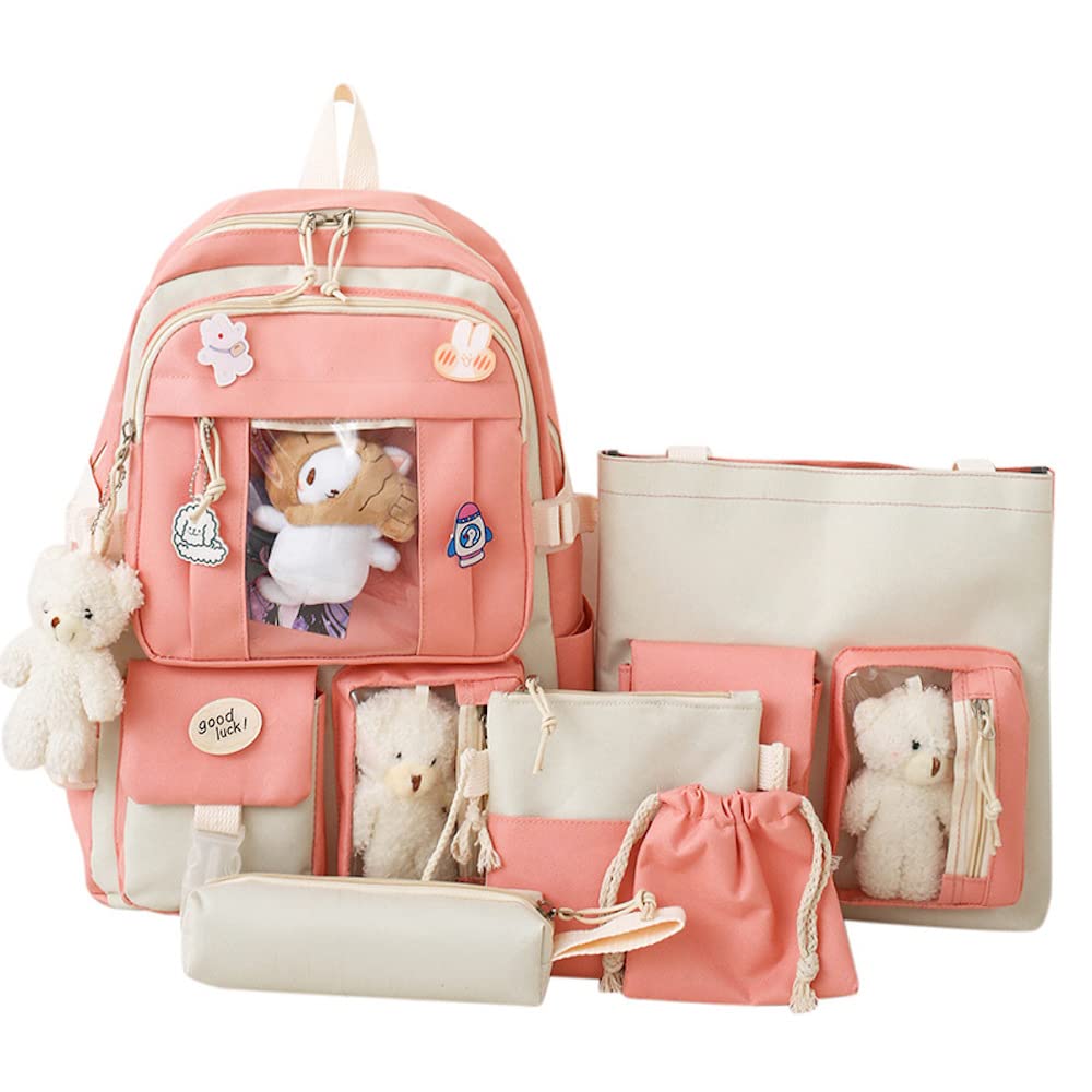 Cute Aesthetic Backpack Set - 5 Piece Kawaii School Backpack with Pins, Plushies & Cards for Teens | Perfect for School, Travel & Everyday Use (Pink)