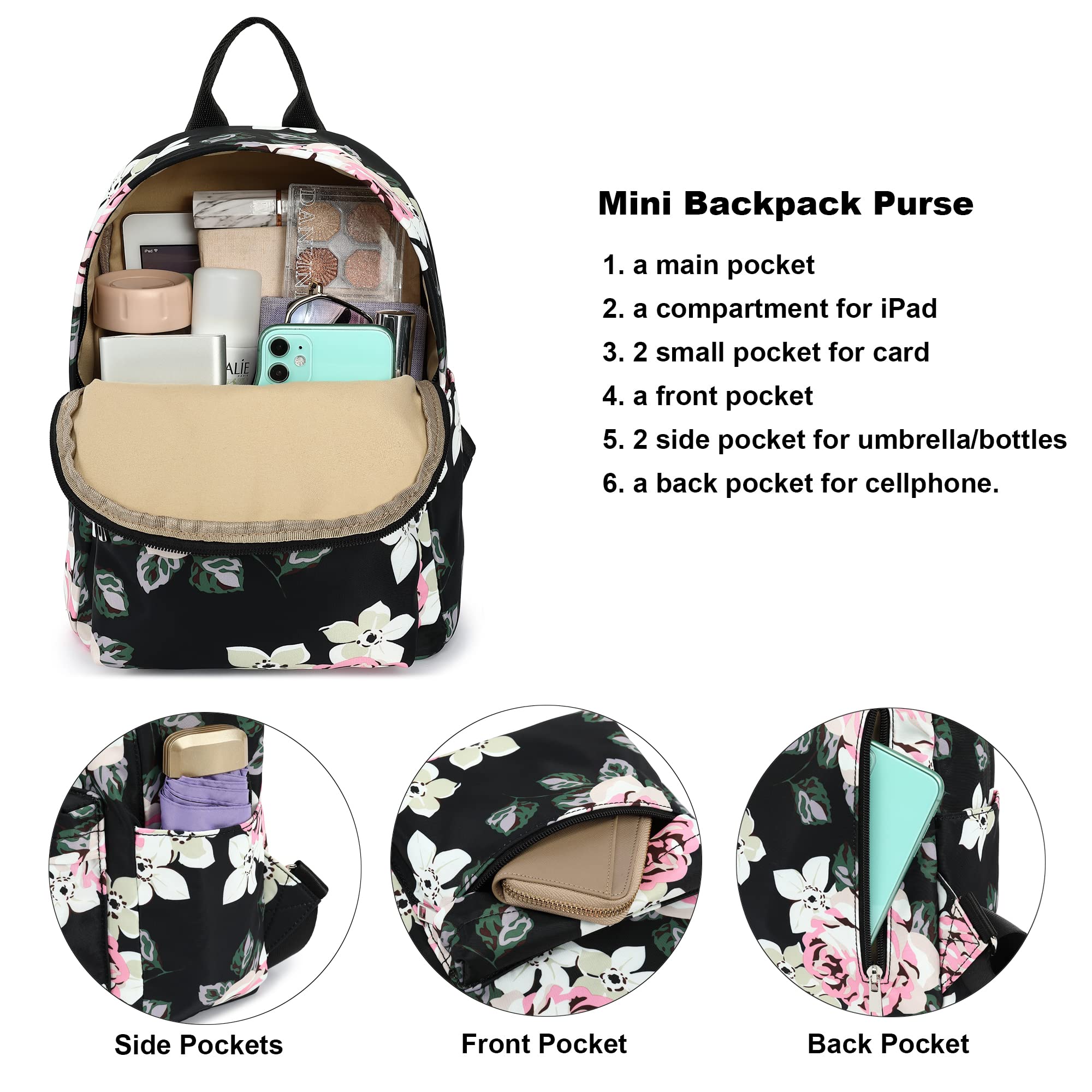 Mini Backpack for Women & Girls - Floral Small Backpack Purse for Teens & Kids, Lightweight School Backpack, Travel Daypack for School, Shopping, Hiking & Outdoor Activities