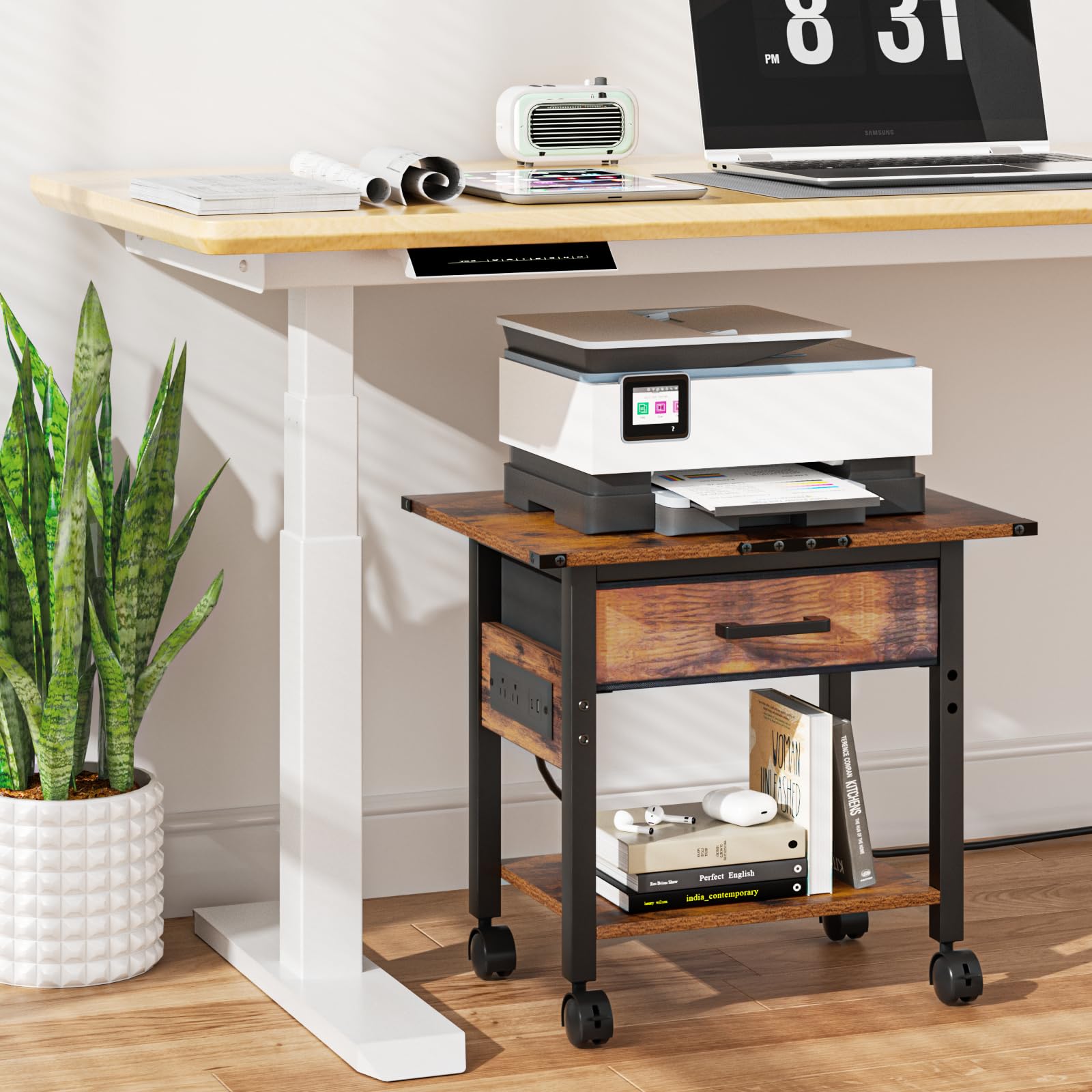 Lerliuo 2-Tier Under Desk Rolling Printer Stand with Charging Station & USB Ports, Lockable Wheels Printer Cart with Fabric Drawer - Compact Printer Table for Home Office Workspace (Brown) | Perfect for Organizing Printers, Scanners & Office Supplies Under Your Desk