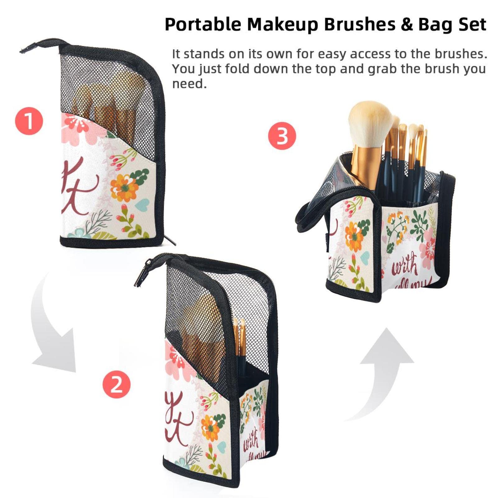 12-Piece Portable Makeup Brush Organizer Bag with Cartoon Blessing Flowers Design - Perfect for Travel, Home Storage & Professional Makeup Artist Kits