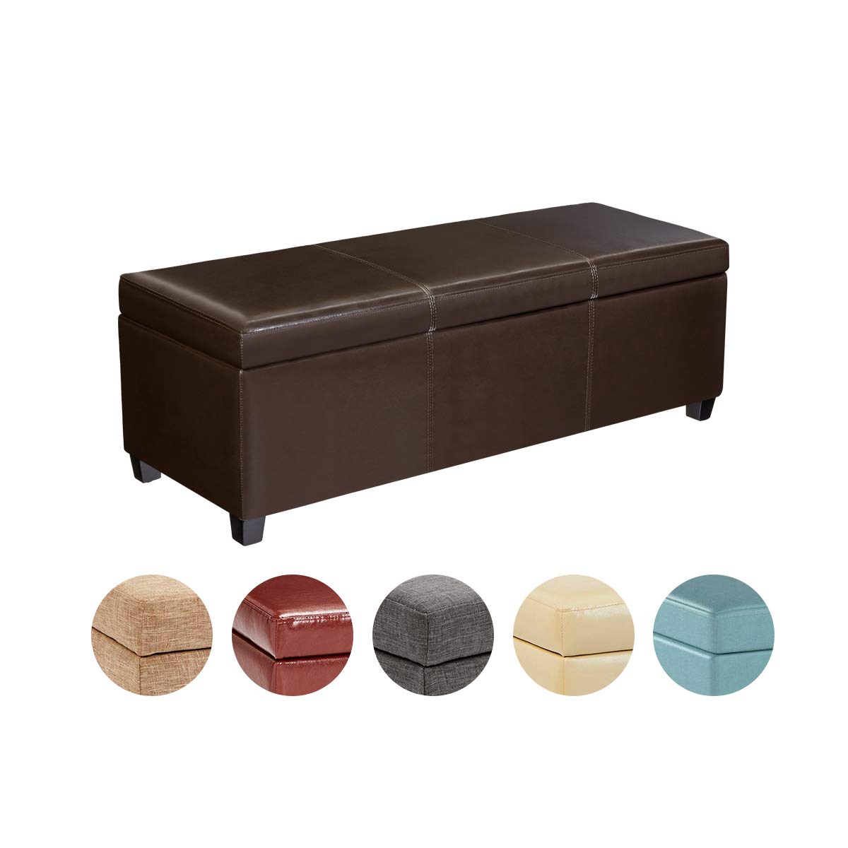 FIRST HILL FHW Madison Rectangular Faux Leather Storage Ottoman Bench - Large Espresso Brown - Living Room Footrest, Bedroom Storage, Entryway Seating