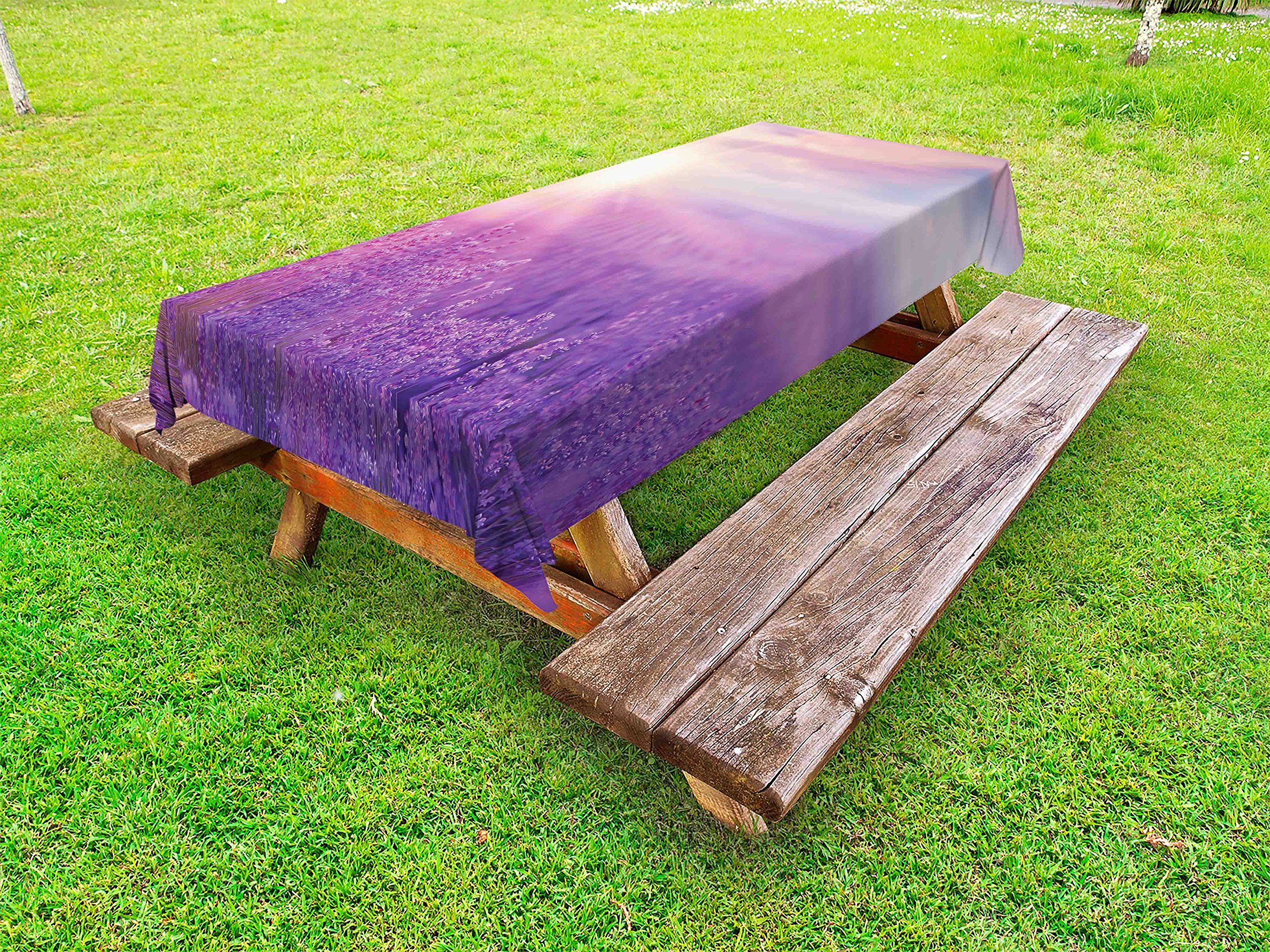 Lunarable Washable Outdoor Tablecloth - Sunset Over Lavender Field in Provence Floral Print, Decorative Picnic Table Cover 58x104 Inches Violet - Perfect for Garden Parties, BBQs, and Outdoor Dining