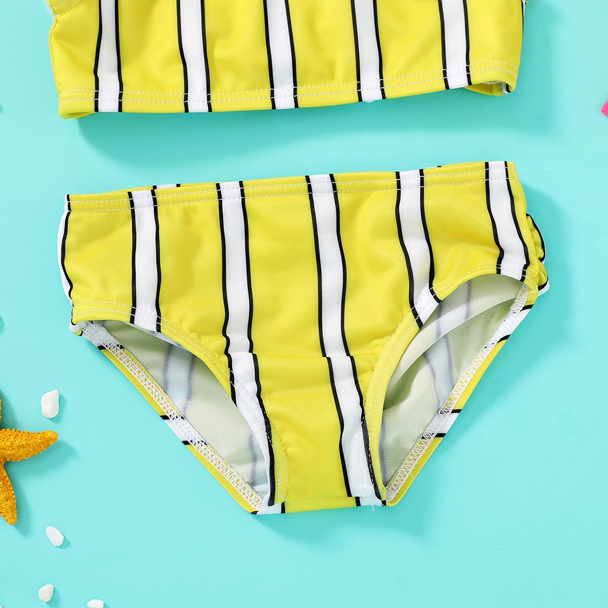 Toddler Girl Swimsuit Ruffle Sleeve Bikini Set - Beach & Pool Wear (Yellow Stripe, 12-18M)