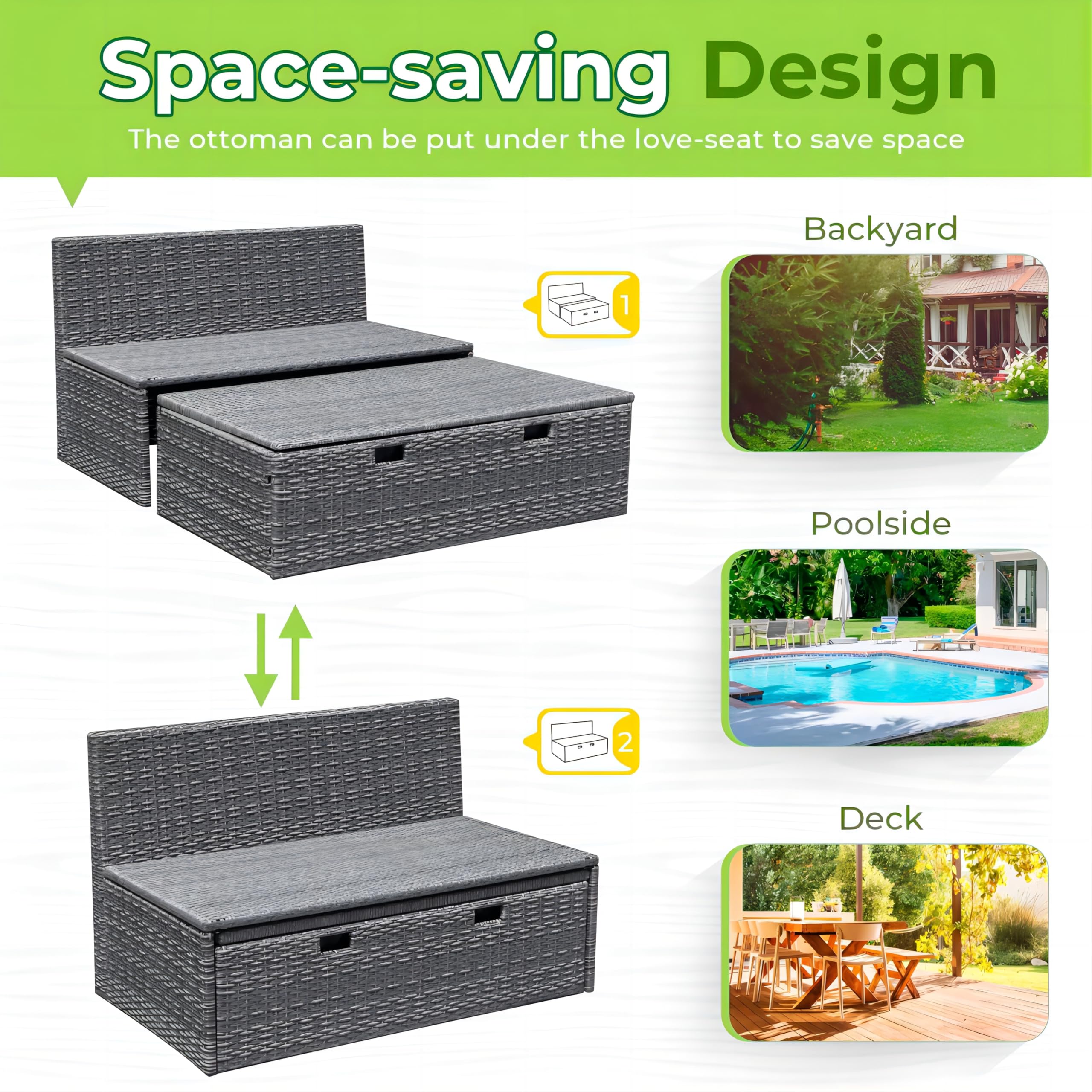 Greesum Outdoor Daybed Set - Multifunctional Wicker Lounge Bed with 2 Side Tables, Cushions & Storage Bench - White Patio Furniture for Porch, Lawn, Garden, Beach & Poolside Relaxation