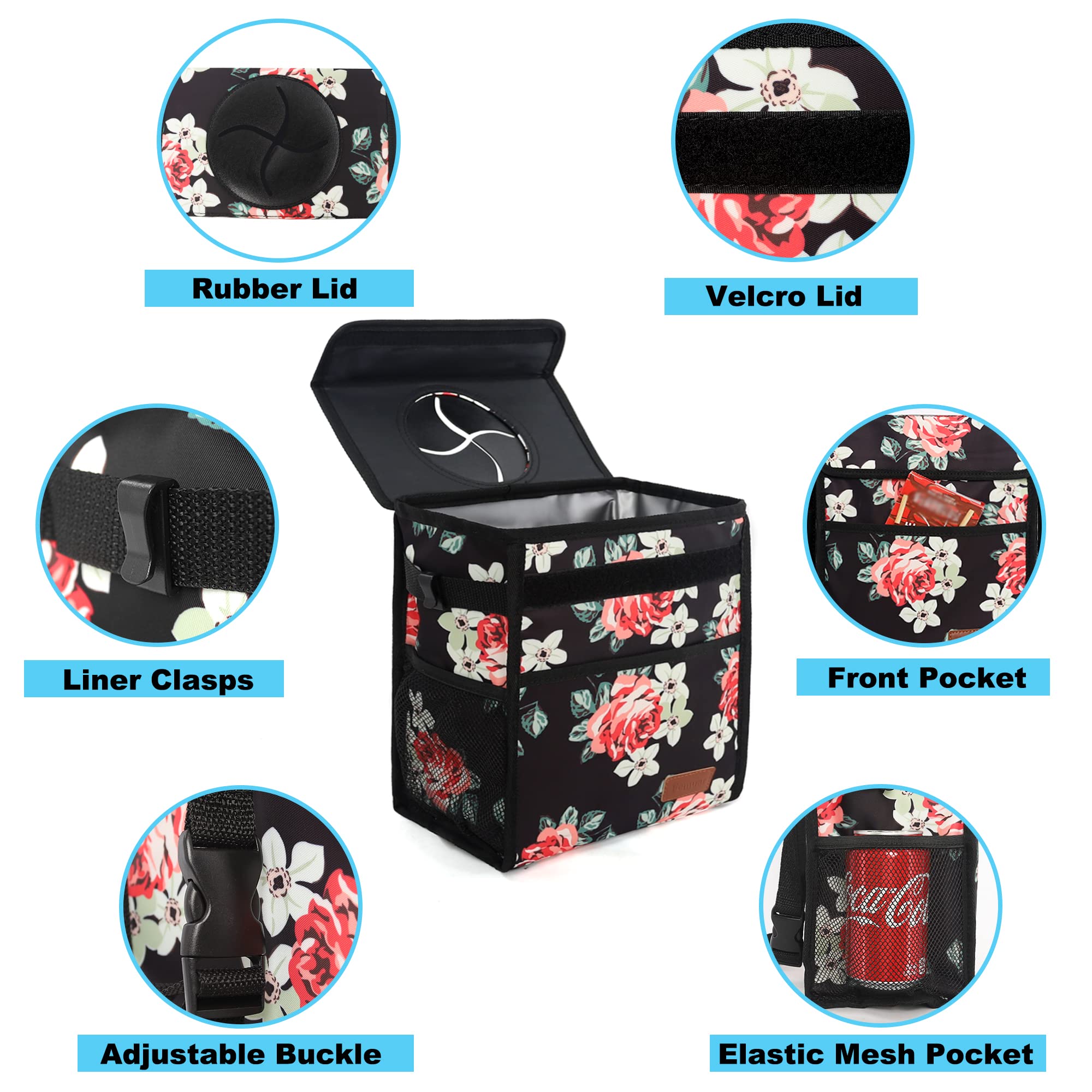 Leak Proof Car Trash Can with Lid - Waterproof Hanging Garbage Bag for SUV & Front Seat, Collapsible & Portable Car Trash Bin with Storage Mesh Pocket (Large/Flower) - Perfect for Road Trips, Commuting & Keeping Your Vehicle Clean