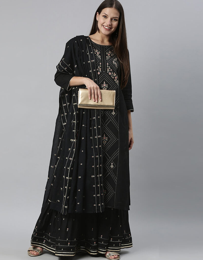 Black Pure Cotton Sharara Suit for Women | Elegant Pakistani/Indian Ethnic Outfit | Perfect for Weddings, Parties & Festive Occasions