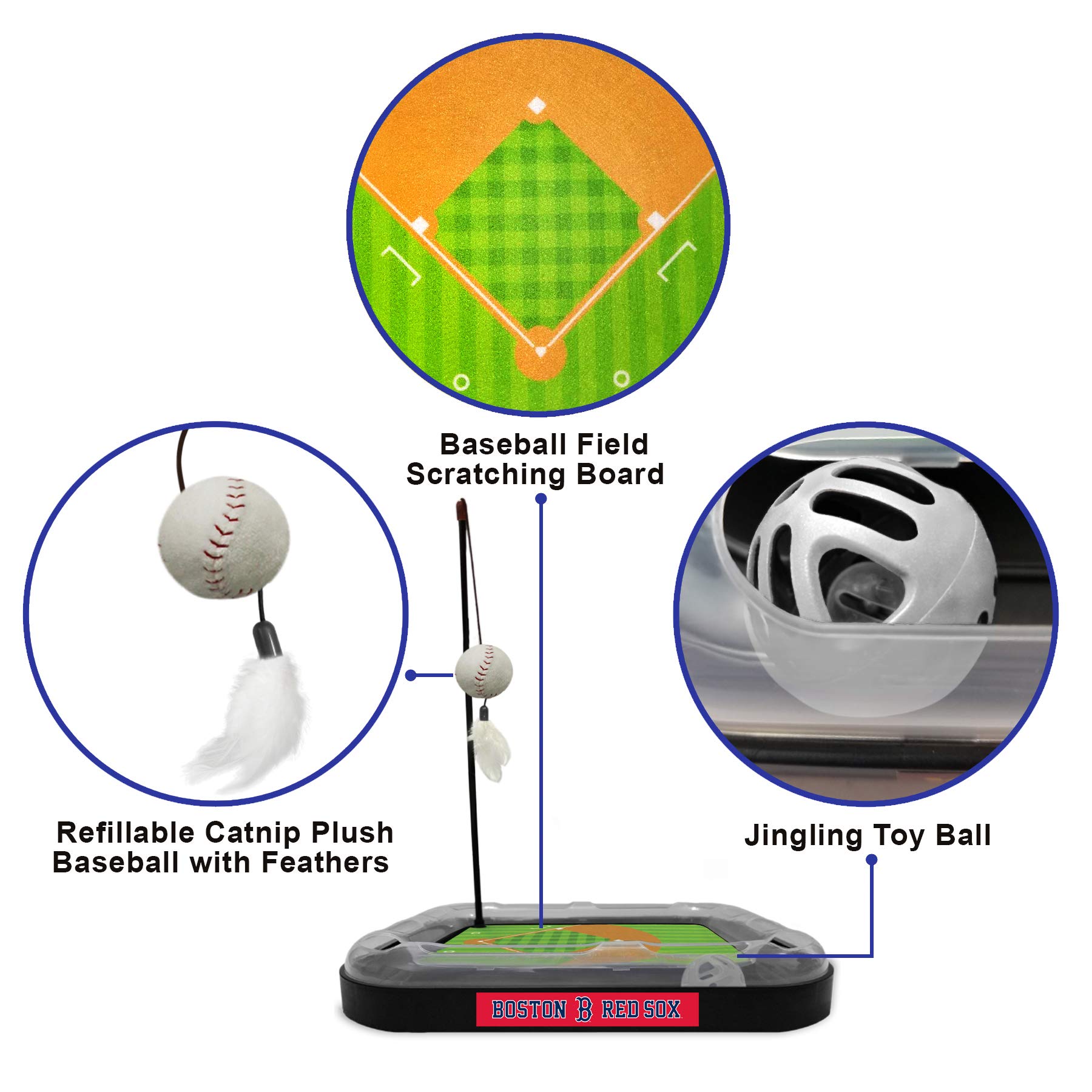 Boston Red Sox MLB Cat Scratching Toy - 5-in-1 Interactive Cat Scratcher with Ball Bell, Catnip Plush Baseball & Feather Wand | Durable Cat Toy for Playtime, Exercise & Stress Relief
