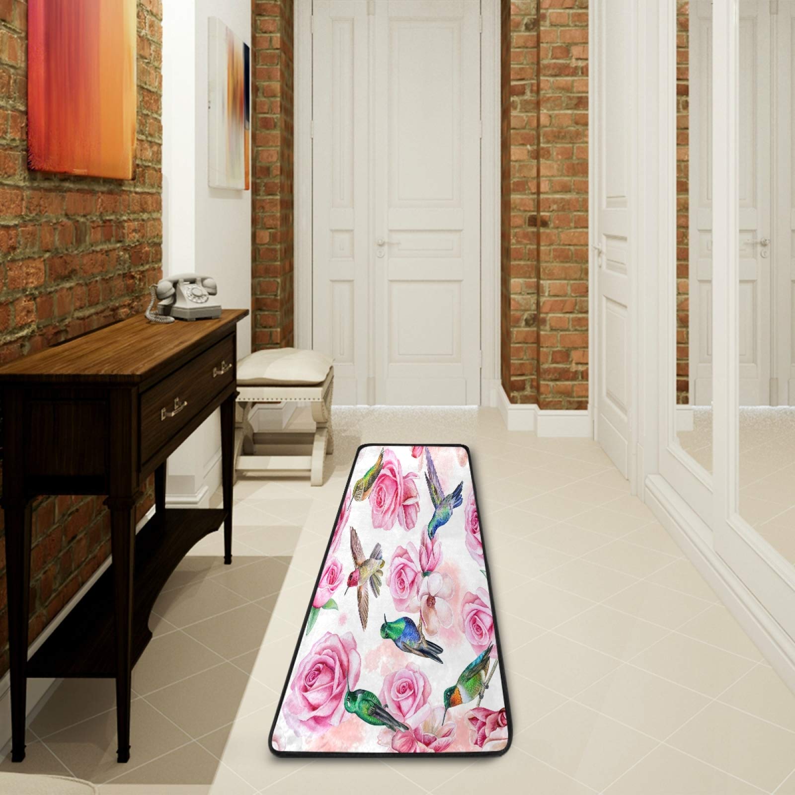 Long Runner Rug with Rose Magnolia Flower & Hummingbird Design - 2'x6' Non-Slip Hallway Carpet for Living Room, Bedroom, Bathroom & Entryway - Indoor Home Decor for Cozy Spaces & High-Traffic Areas