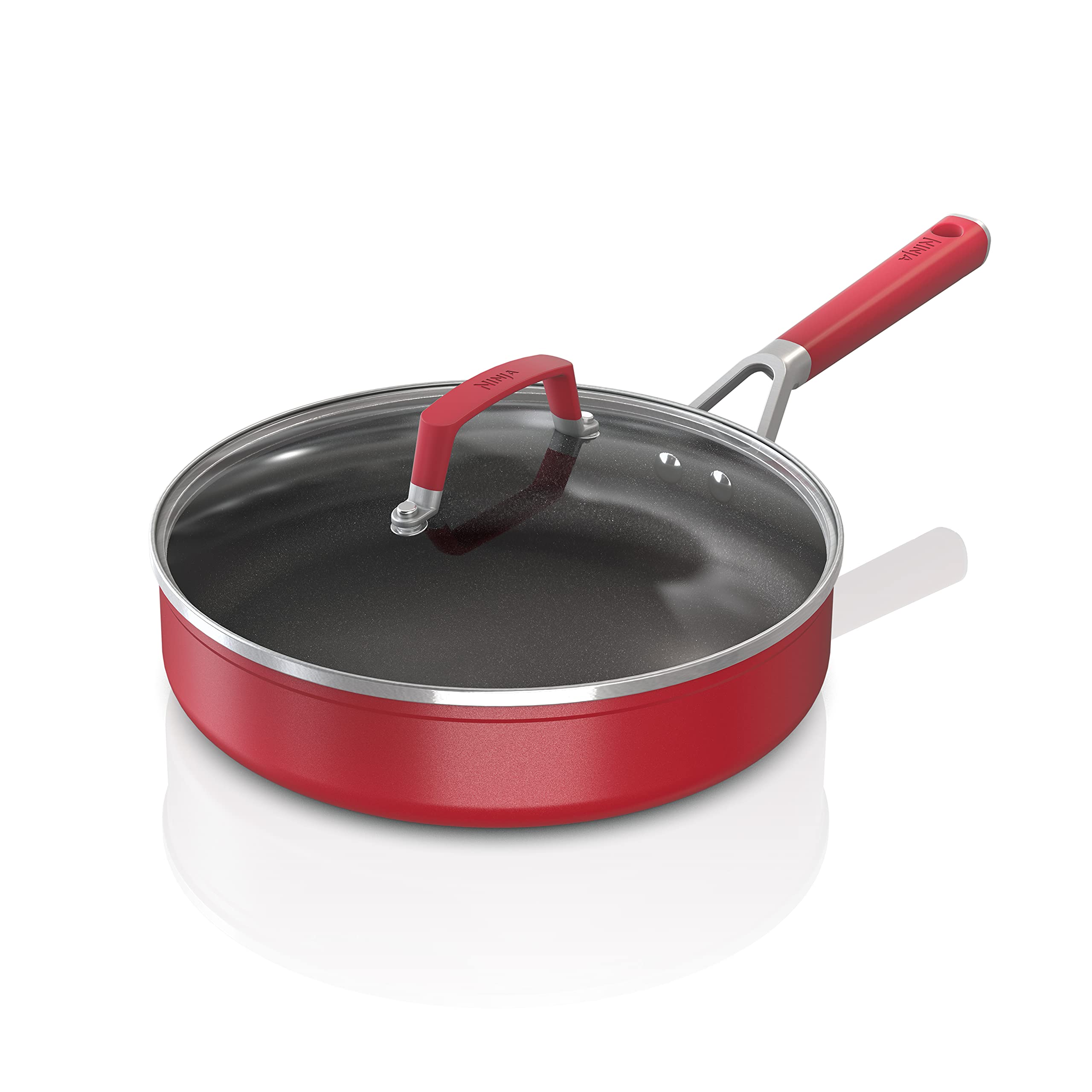 Ninja C20130 Foodi NeverStick Vivid 3-Quart Nonstick Sauté Pan with Glass Lid - Durable, Oven Safe to 400°F, Cool-Touch Handles, Crimson Red - Perfect for Sautéing, Frying & Baking at Home
