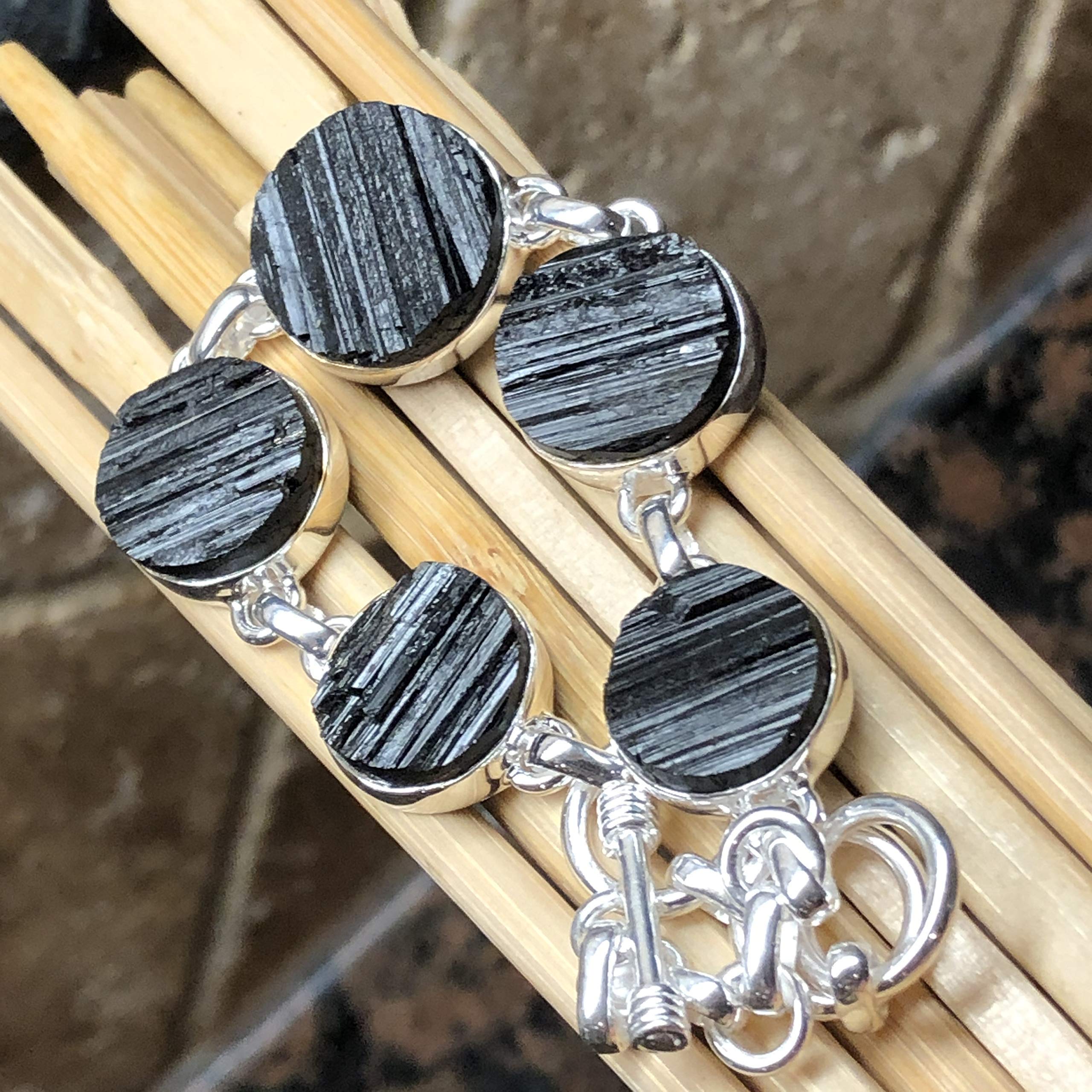 Natural Black Tourmaline Bracelet - 925 Sterling Silver Adjustable 7