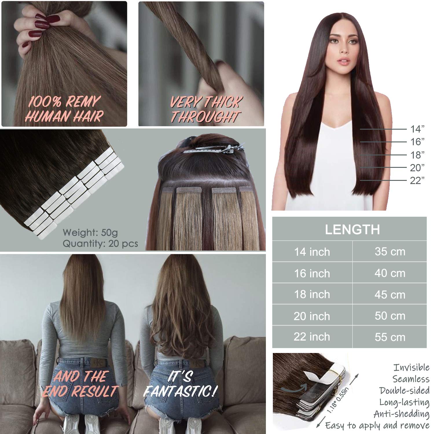 Premium 16-Inch Tape In Hair Extensions #1B Off Black - 20PCS 50g Real Human Hair for Thinning Hair, Thick & Seamless Full Ends - Perfect for Black Women, Styling & Volume Boost for Daily Wear, Parties & Special Occasions
