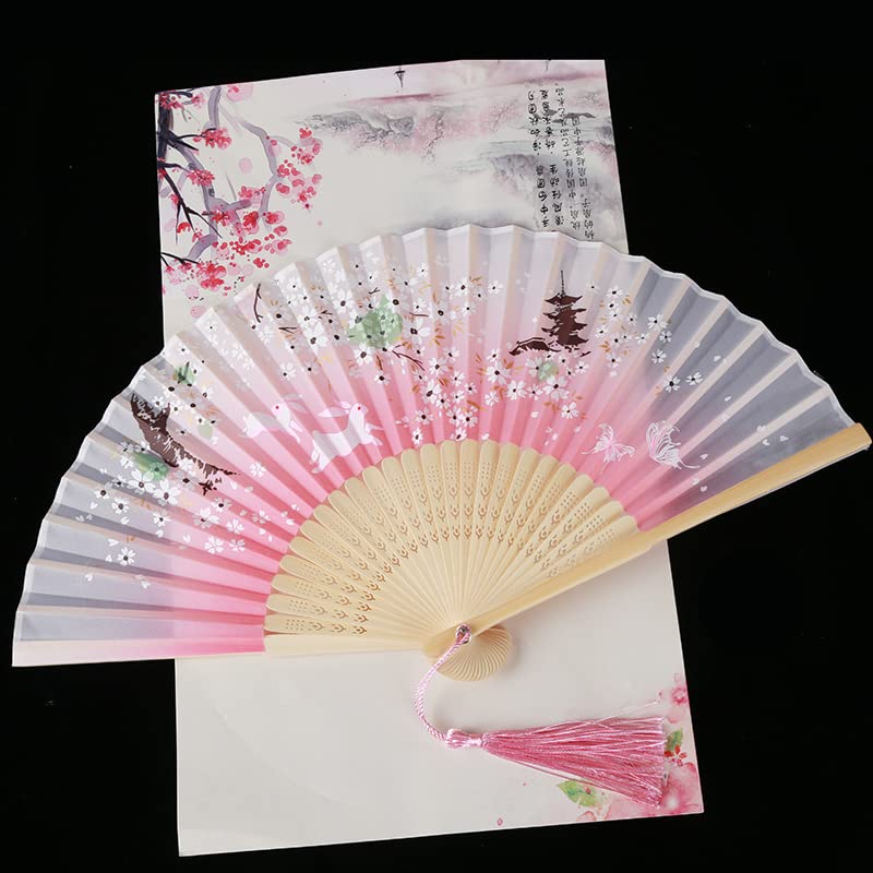 5 PCS Chinese Style Silk Folding Fans - Handheld Bamboo Fan with Tassel for Women, Wall Decor, Dancing, Cosplay, Wedding, Photography Props & Asian Themed Party Decorations