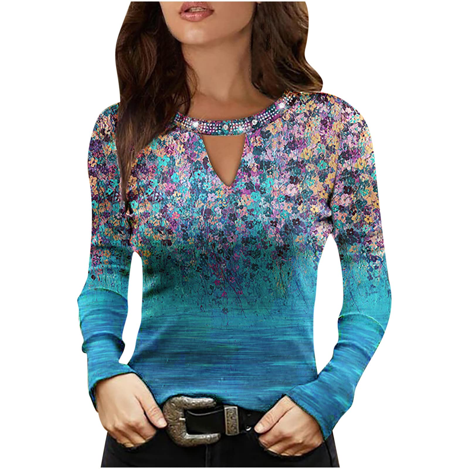 Boho Floral Print Women's Crew Neck T-Shirt - Hollow Out Pullover Shirt with Rhinestone Details | Casual Splicing Tunic Top for Summer Outfits, Beach Wear & Boho Fashion
