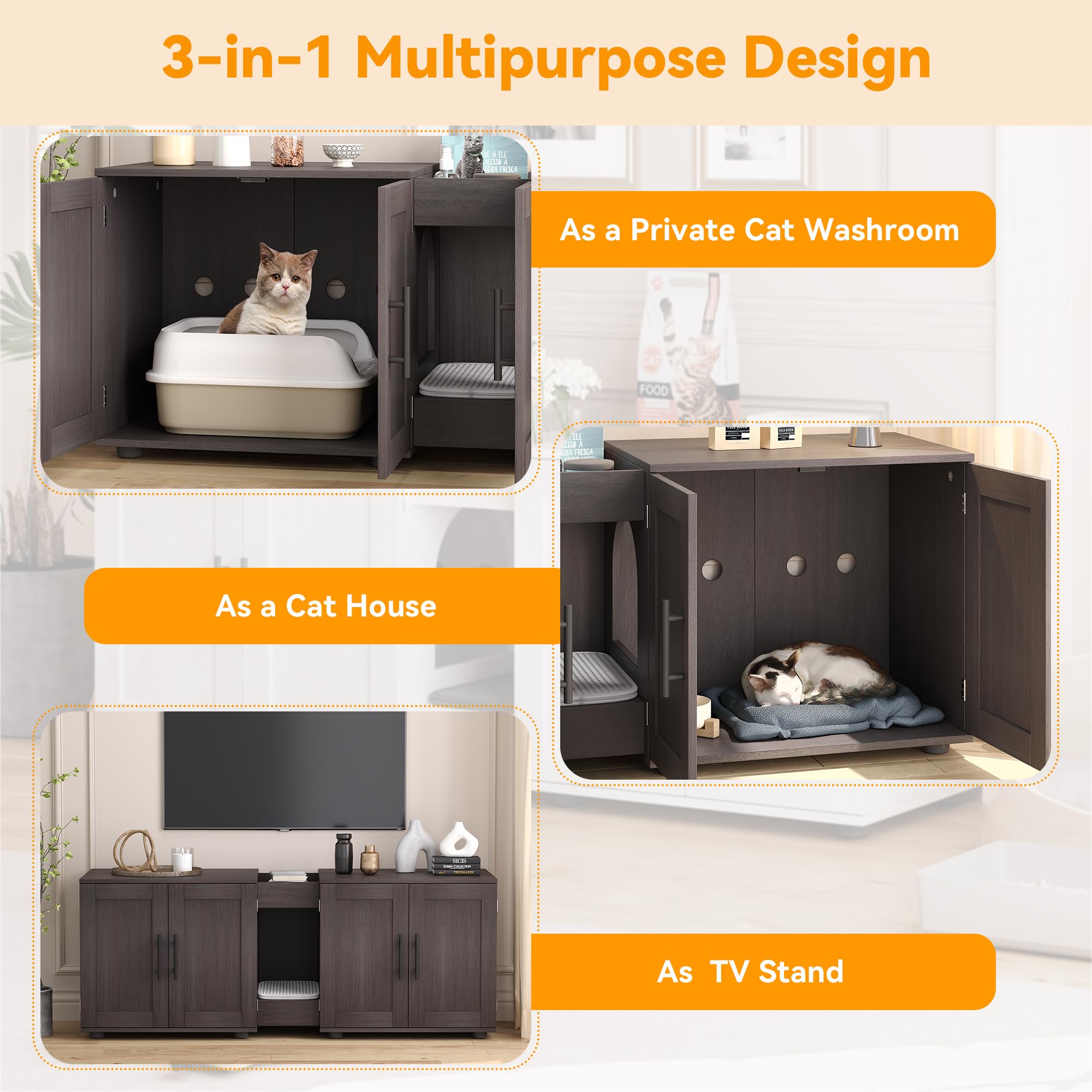 Gaomon Double Room Cat Litter Box Enclosure - 55”L x 17.7”W x 22.5”H Wooden Hidden Litter Box Furniture for 2 Cats - Walnut Finish - Perfect for Living Rooms, Bedrooms & Small Spaces