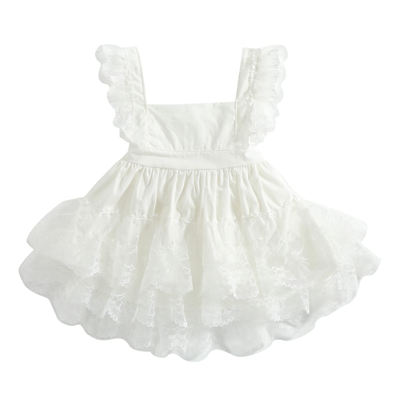 Newborn Baby Girl Lace Dress with Fly Sleeves - Solid Tulle Princess Dress with Square Collar for Party, Wedding, Birthday & Special Occasions | Perfect for Christening, Photo Shoots & First Birthday Celebrations