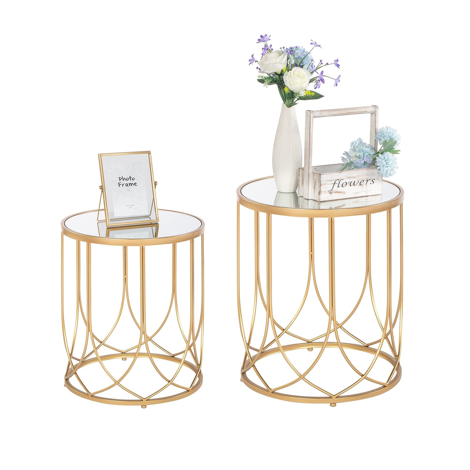 CHHF Modern Glass Top Side Table with Metal Frame & Geo Eyelet Design - 18.11x18.11x22.05 Inch Accent Table for Living Room, Bedroom, Office - Perfect for Holding Lamps, Books & Decor