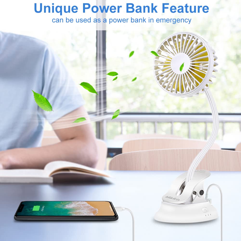 Clip on Fan Small Mini Fan - USB Rechargeable Portable Fan with 3 Speeds & Flexible Neck, Battery Powered Personal Desk Fan for Baby Stroller, Office, Car, Dorm, Camping & Beach - White | Perfect for Home, Travel & Outdoor Activities