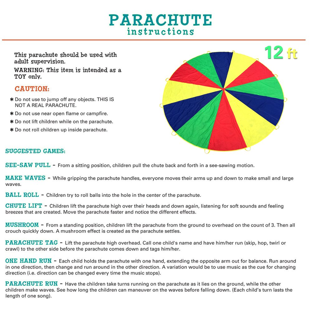 12ft Kids Play Parachute with 12 Handles - Outdoor Group Games, Birthday Party Activity for 8-12 Children - Perfect for Cooperative Play, Gym Class & Backyard Fun
