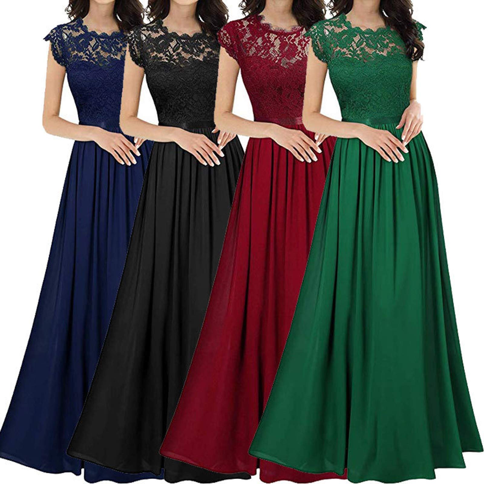 Elegant Chiffon Maxi Dress with Lace Stitching - Short Sleeve High Waist Bridesmaid & Wedding Guest Dress for Evening Parties, Prom, Cocktail Events and Special Occasions