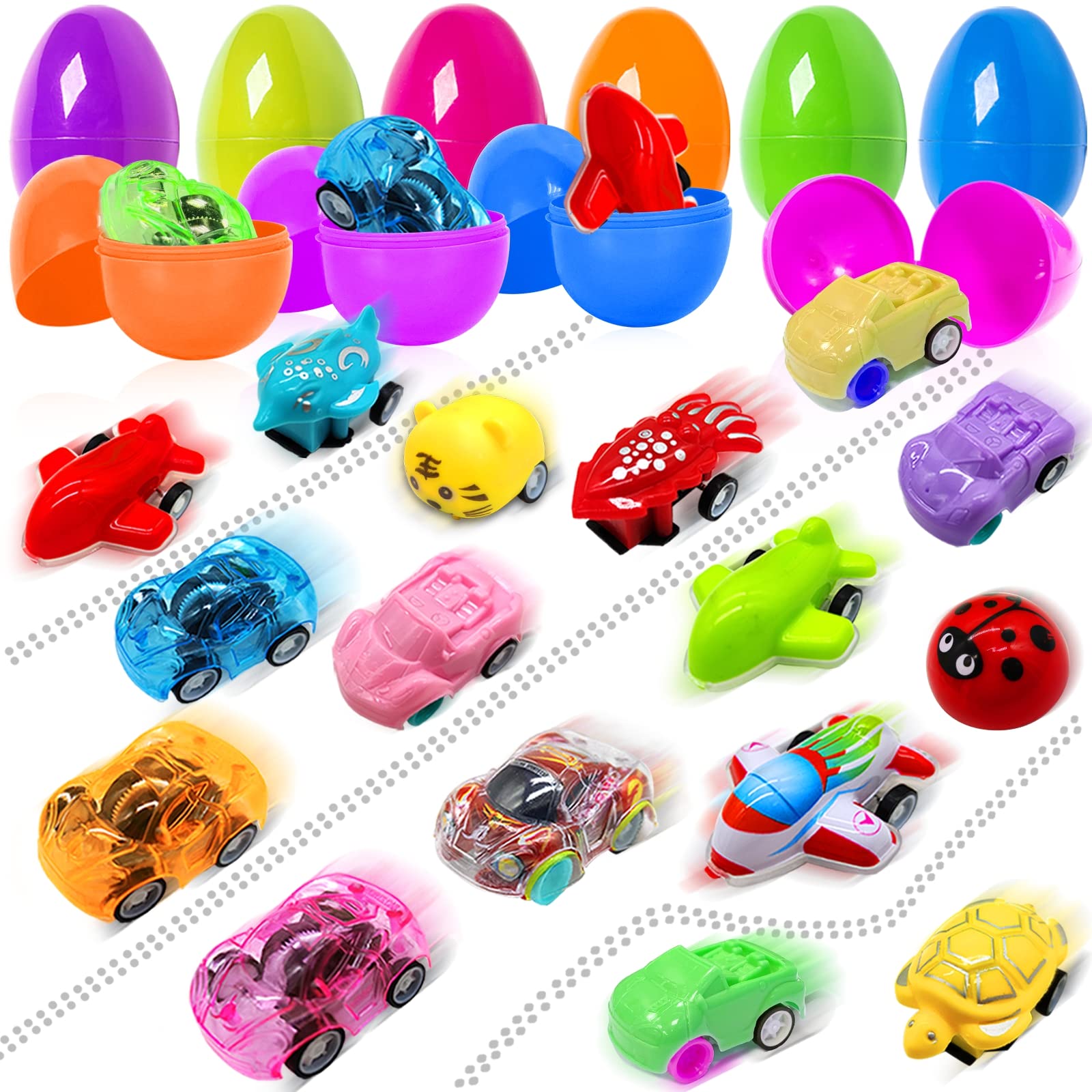 24 Pack Prefilled Easter Eggs with Pull-Back Car Toys - 24 Assorted Vehicle Styles & 1 Golden Egg - Easter Basket Stuffers for Kids, Boys Party Favors & Egg Hunt Prizes - Perfect for Easter Celebrations, Birthday Parties and Classroom Rewards