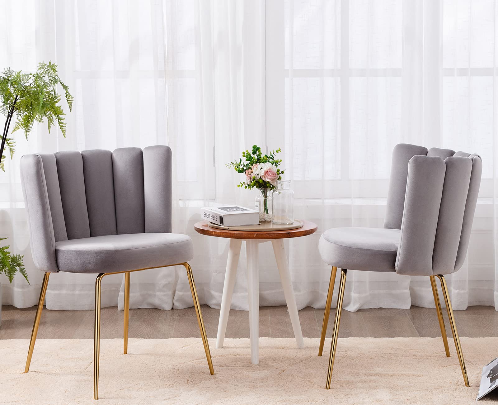 Modern Velvet Accent Chairs Set of 2 - Grey Upholstered Living Room Chairs with Gold Metal Legs, Mid Back Comfortable Lounge Chairs for Guest Room, Home Office & Reading Nook - Perfect for Small Spaces and Cozy Corners