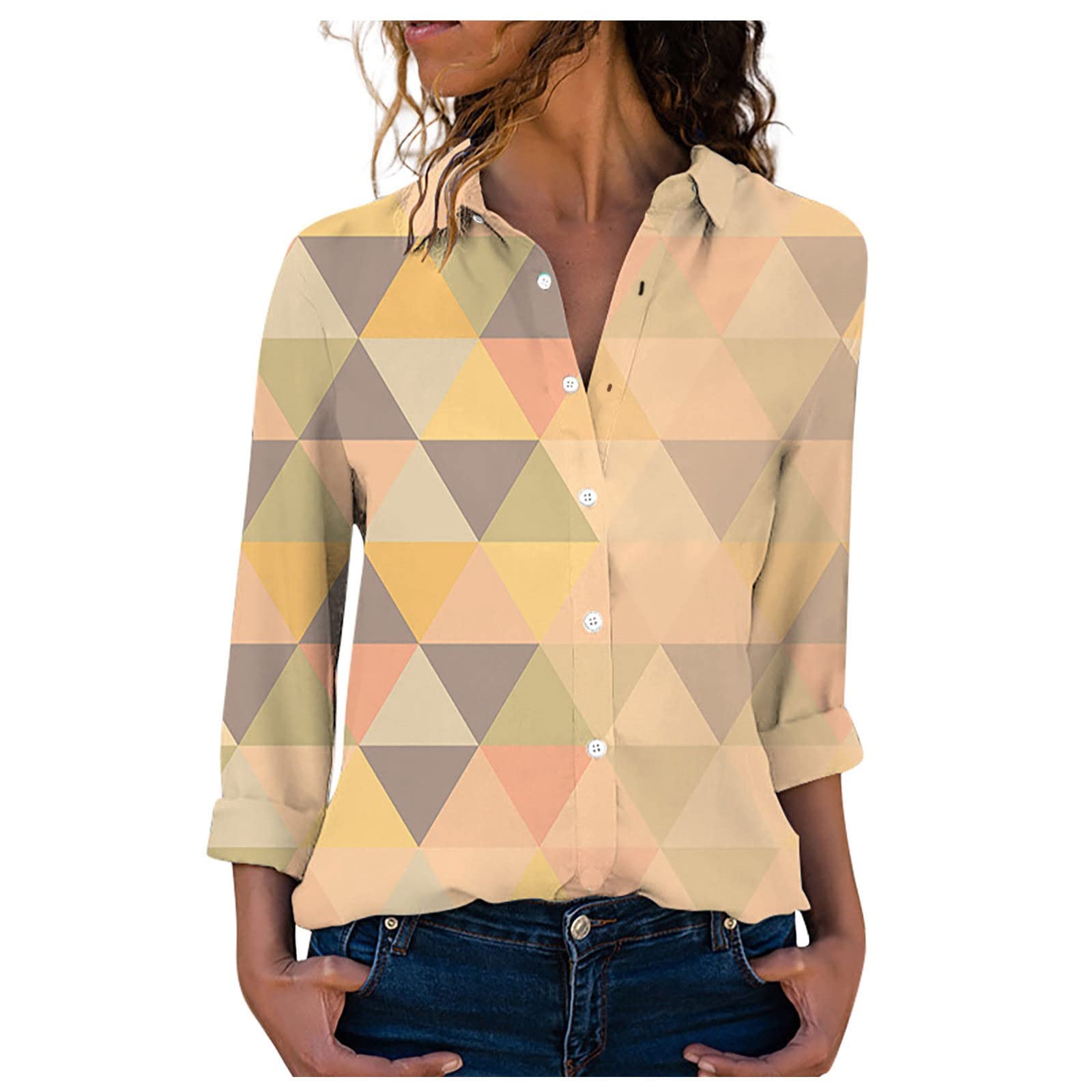 Women's Long Sleeve Tunic Tops - Autumn Casual Printed Blouse with Lapel Collar, Comfortable Polyester Shirts for Work, Office & Everyday Wear