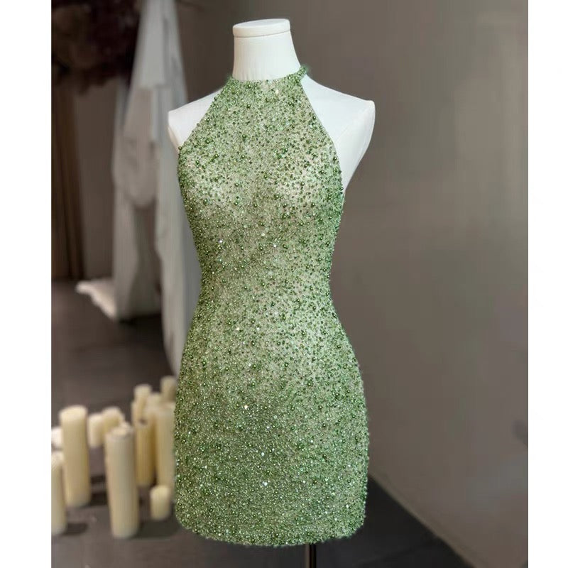Elegant Green Sequin Halter Short Prom Dress for Homecoming - J3447 | Perfect for Parties, Dances, and Special Occasions