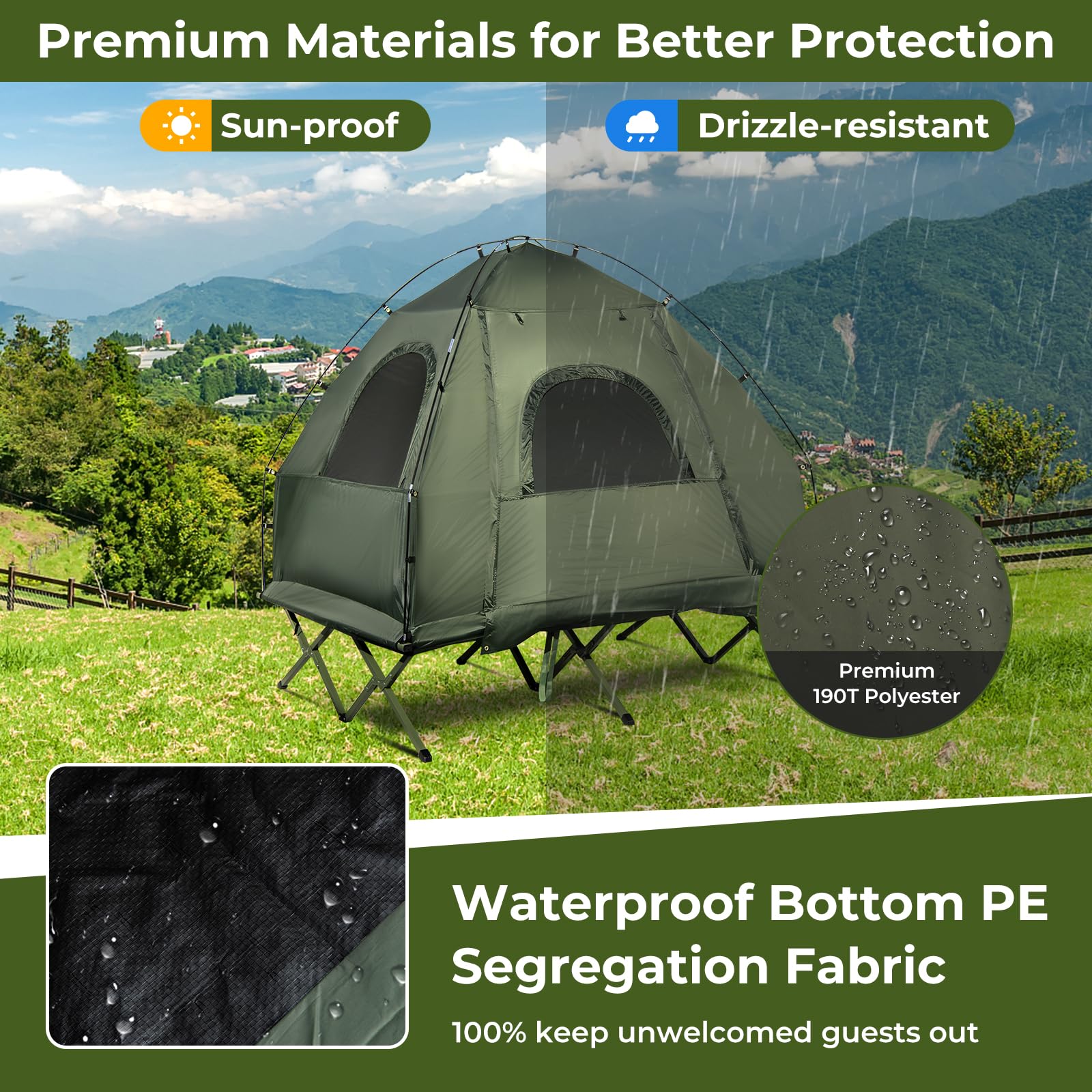 GYMAX 5-in-1 Folding Tent Cot with Mattress & Pillows - Portable Elevated Camping Bed with Sunshade and Carrying Bag - Perfect for Outdoor Adventures, Hiking, Fishing, Picnics and Backyard Camping
