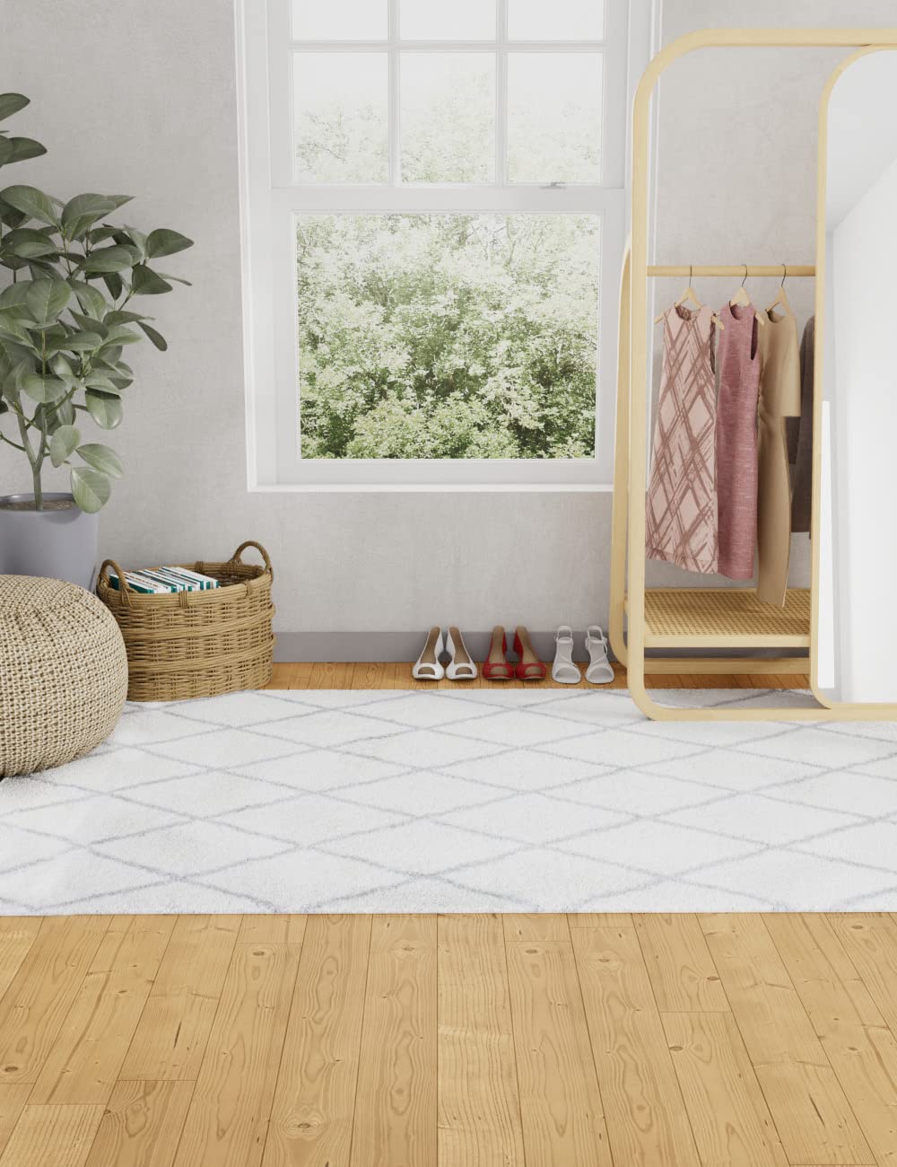 Bashian Collection Luxury Power Loom Polyester Area Rug - 7.6' x 9.6' Soft White & Grey Runner Rug for Entryway, Living Room, Bedroom - Home Decor & Floor Covering for Modern Interior Design