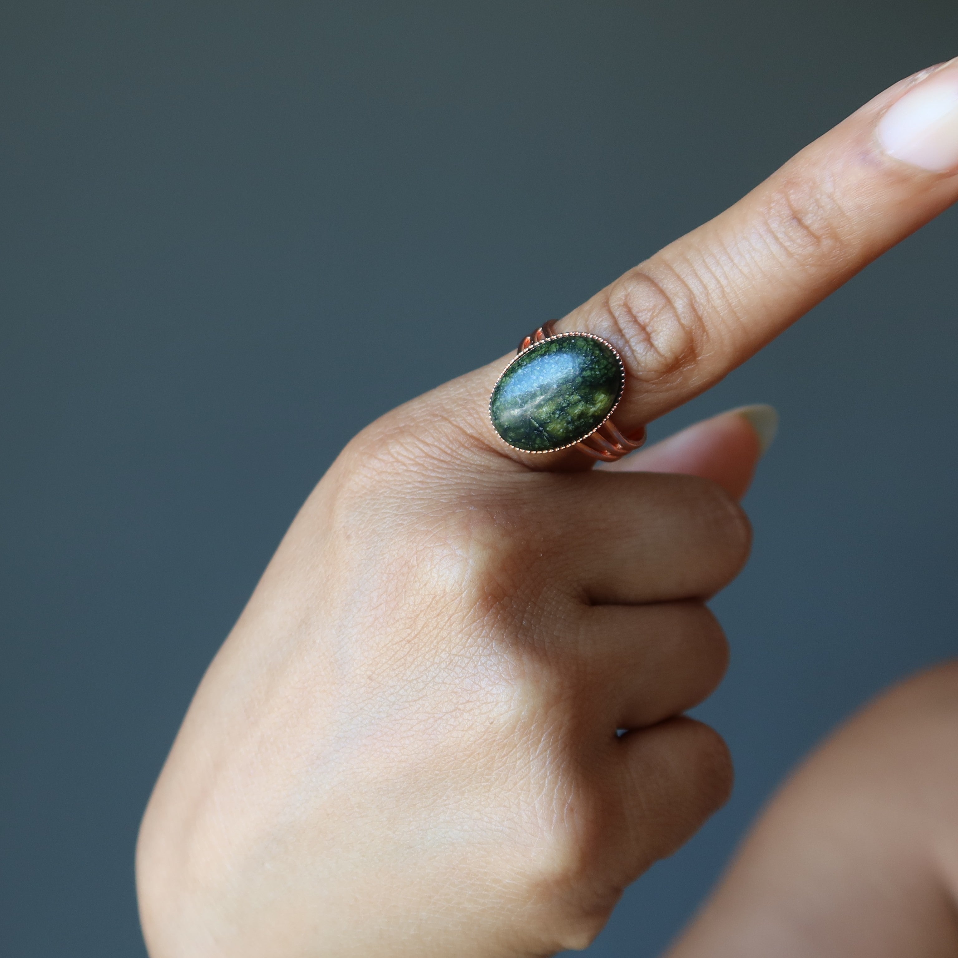 Green Serpentine Stone Adjustable Copper Snake Ring for Women - Boho Witchy Jewelry for Halloween, Cosplay & Spiritual Healing