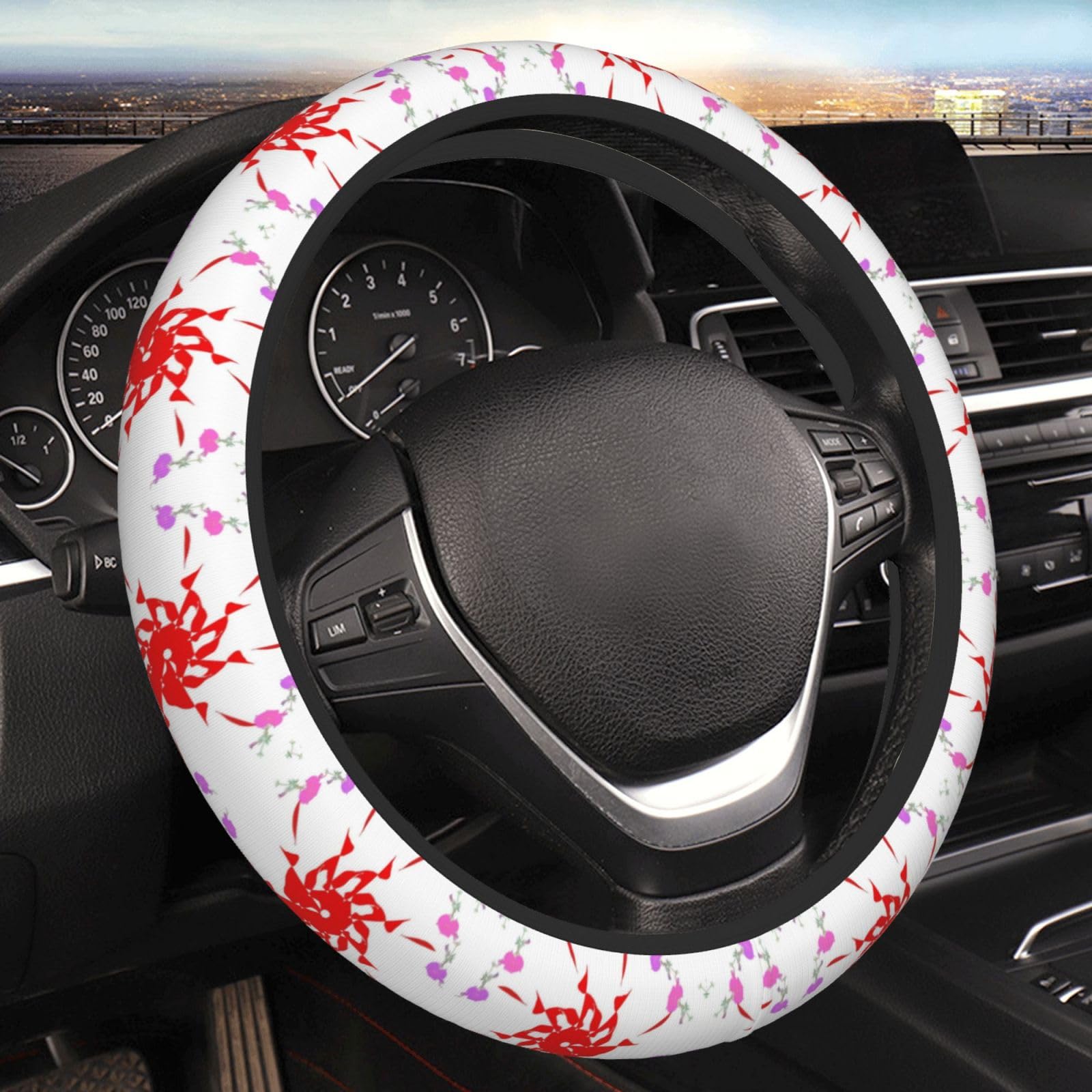 15 Inch Breathable Soft Fabric Steering Wheel Cover with Floral Print - Universal Fit for Most Cars - Comfortable & Non-Slip Grip for Daily Commute & Road Trips