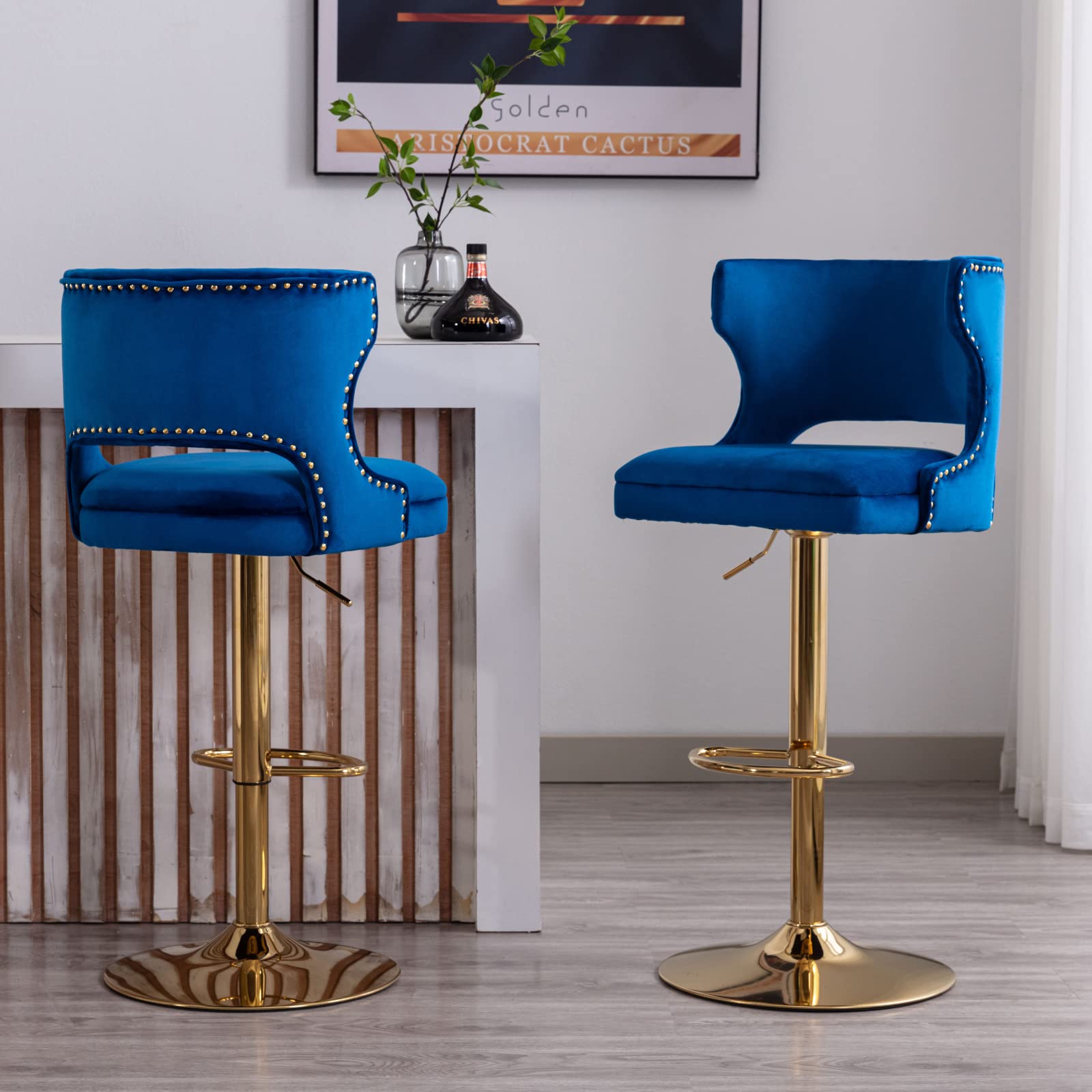 Modern Velvet Swivel Bar Stools Set of 2 - Adjustable Counter Height Bar Chairs with Back & Gold Base - Navy Blue Kitchen Island Stools for Dining Room, Home Bar & Breakfast Nook - Comfy Seating for Entertaining & Casual Dining (2PCS)