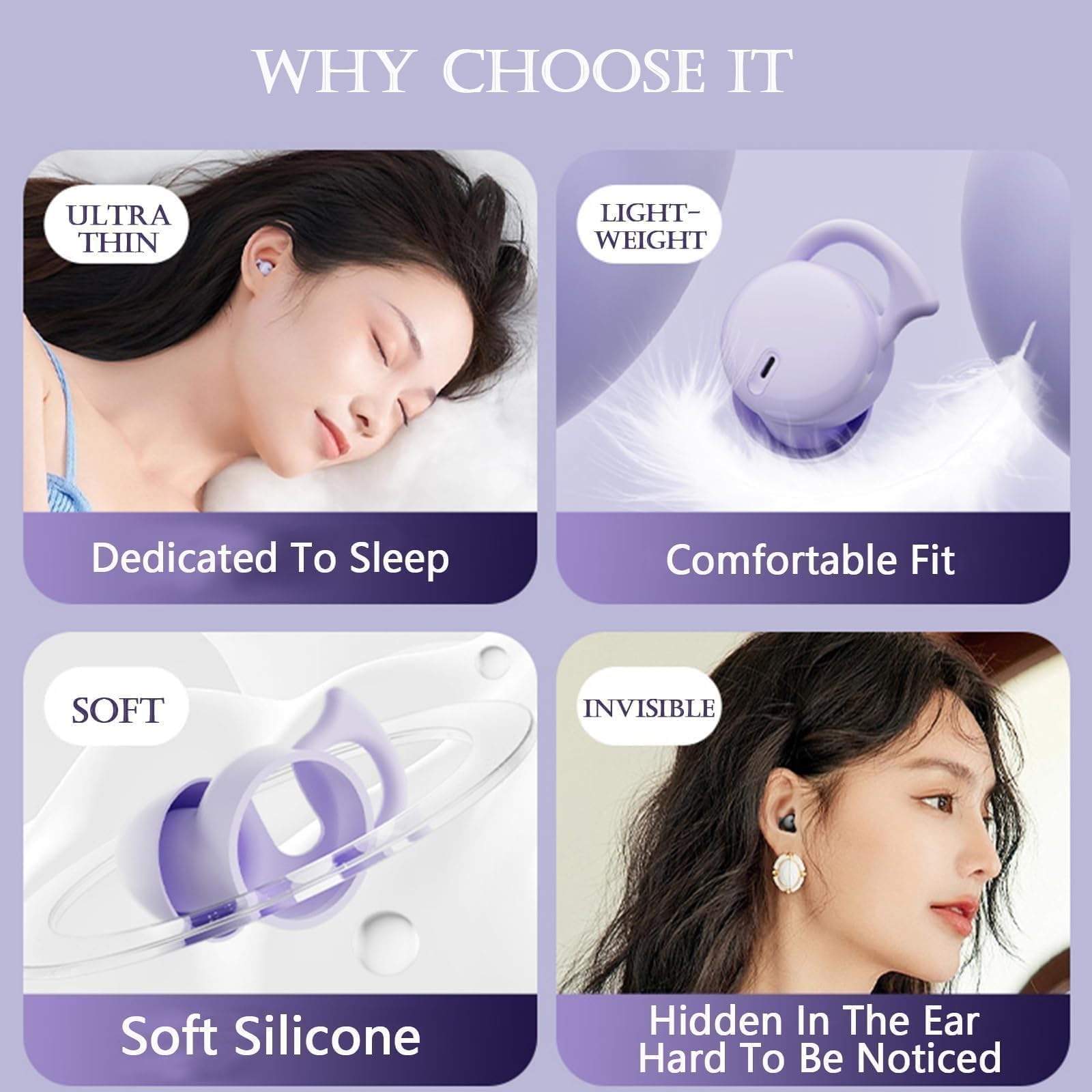 Xmenha Invisible Purple Bluetooth Sleep Earbuds for Side Sleepers - Wireless Noise Canceling Tiny Earbuds for Small Ears, Comfortable Hidden Headphones for Nighttime Use, Travel & Meditation