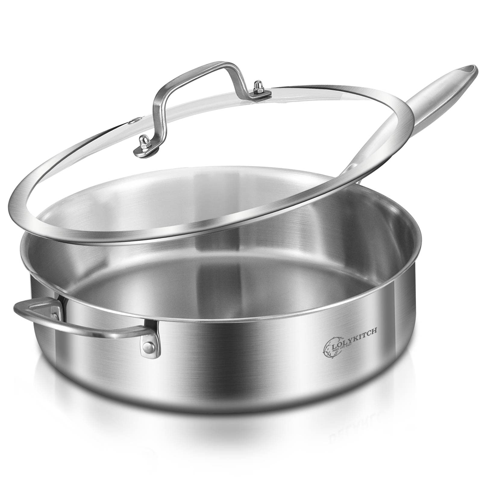 Premium 6 Quart Tri-Ply Stainless Steel Deep Saute Pan with Glass Lid - Whole Body Construction for Even Heat Distribution - Compatible with Gas, Electric & Induction Stoves - Perfect for Deep Frying, Sautéing & Everyday Cooking