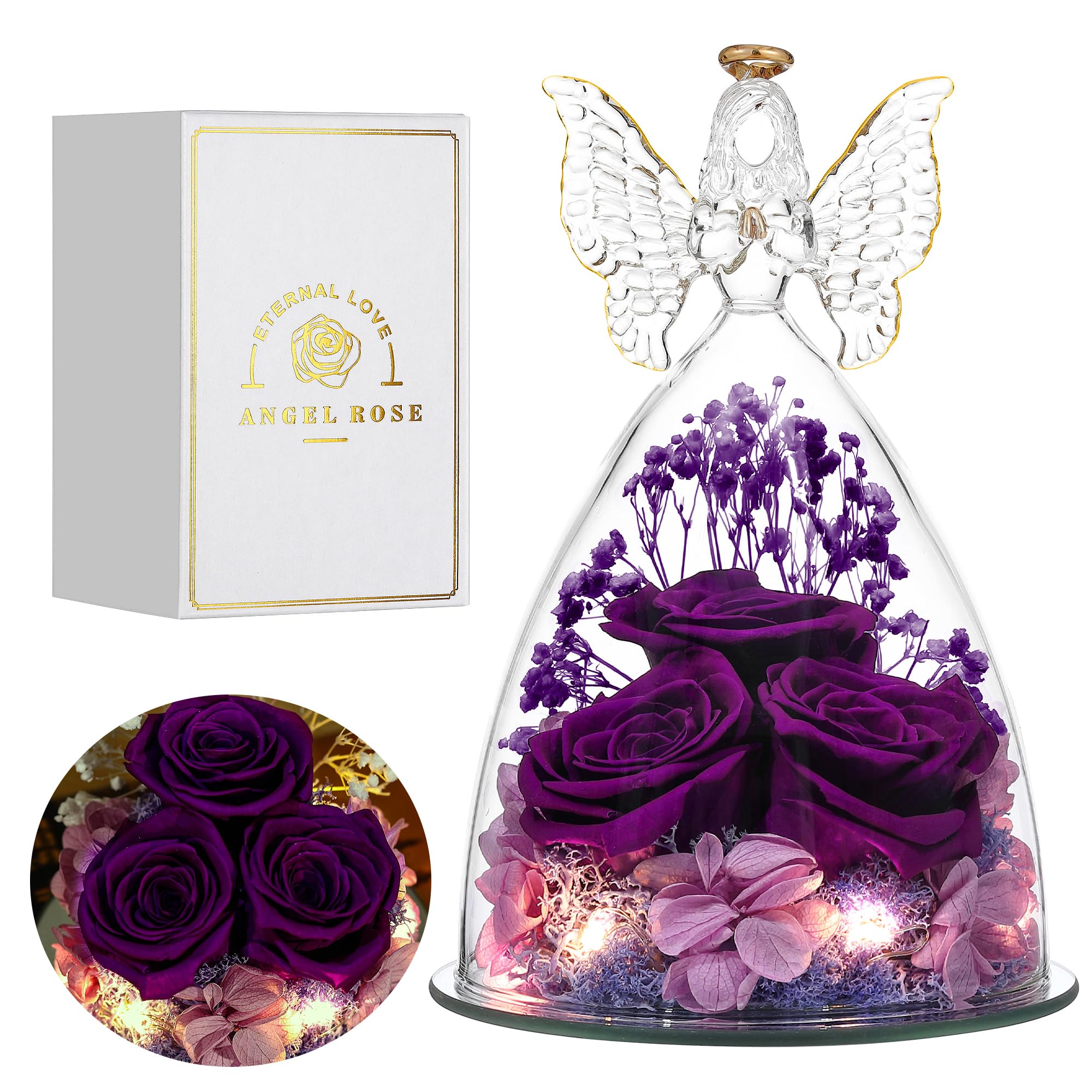 Glass Angel Figurine with 3 Preserved Real Roses - Eternal Keepsake Gift for Women, Mothers Day Present, Home Decor & Spiritual Guardian (Purple)
