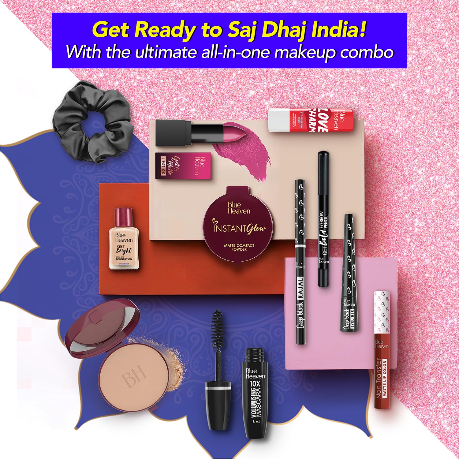 Blue Heaven Saj Dhaj Festive Makeup Kit for Women - Natural 10-Piece Set | Full Face Makeup Kit with Medium Tone Combo (19g+26.3ml) | Perfect for Diwali, Weddings & Special Occasions
