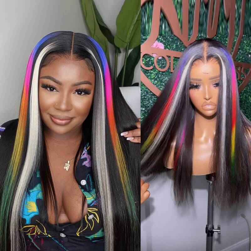 Eullair Multi-Colored Straight Human Hair Wig - Pink, Purple, Blue, Green Body Wave Lace Frontal Wigs with Pre-Plucked 180% Density | Perfect for Cosplay, Halloween, Parties & Daily Fashion