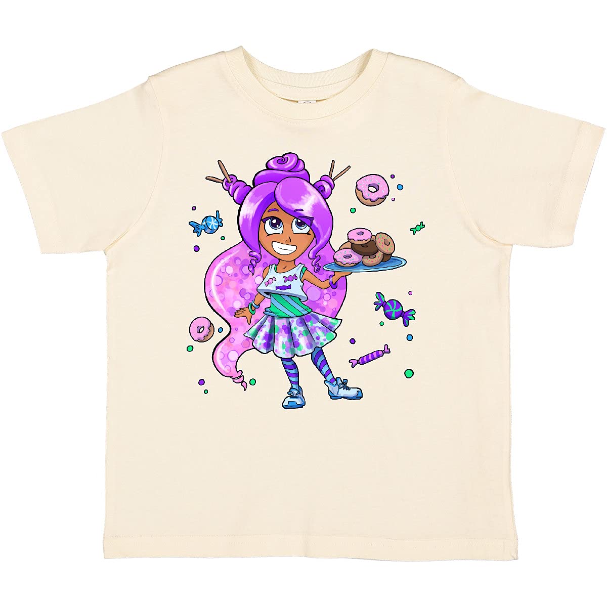 Inktastic Girls' Purple Hair Donuts and Candy Graphic Toddler T-Shirt - Cute Outfit for Birthday Parties & Playdates