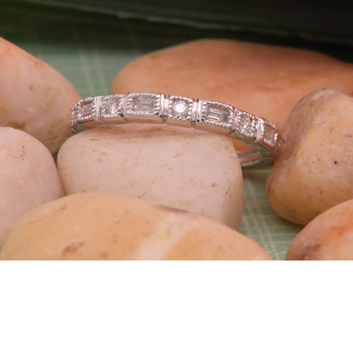 0.1ct 10K Solid White Gold Round & Baguette Diamond Wedding Band for Women - Anniversary, Engagement & Special Occasion Jewelry Gift