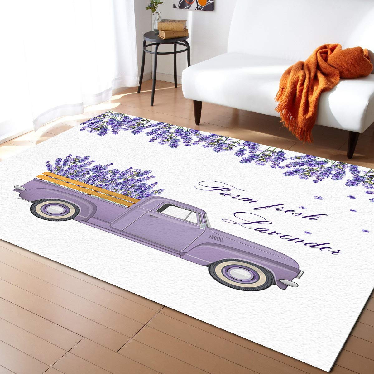 Vintage Retro Farm Truck Area Runner Rug 4'x7' - Washable Indoor Outdoor Rug for Kitchen, Living Room, Bathroom, Bedroom & Laundry Room - Spring Purple Lavender White Background Doormat Mat - Perfect for Farmhouse, Boho & Vintage Home Decor