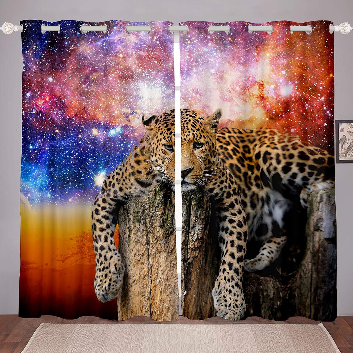 Galaxy & Tiger Print Window Curtains for Bedroom & Living Room - Outer Space Safari Animal Theme Drapes for Kids Boys Girls - 42 x 63 Inches, 2 Panels - Perfect for Nursery, Playroom & Wild Animal Themed Decor