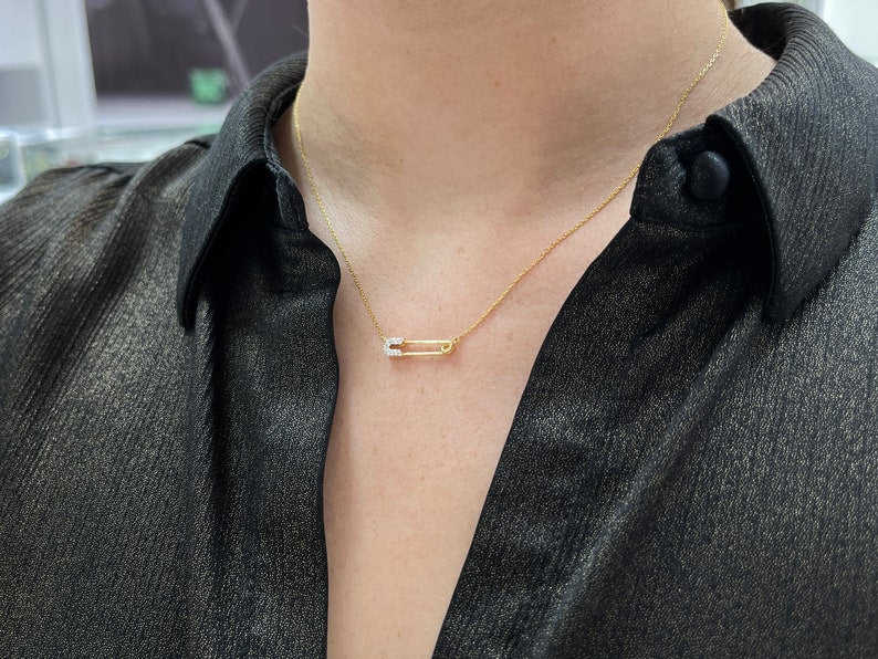 14K Gold Natural Diamond Safety Pin Necklace for Women - Elegant Layering Jewelry Gift for Birthday, Anniversary & Everyday Wear